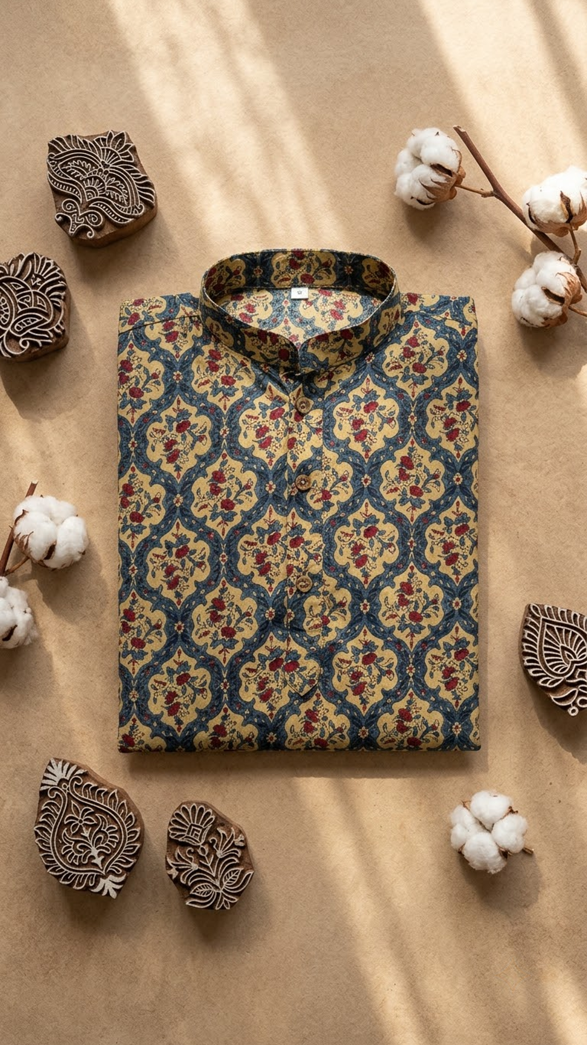 Blue Beige Mughal Jaal Printed Full Sleeves Long Kurta for Men