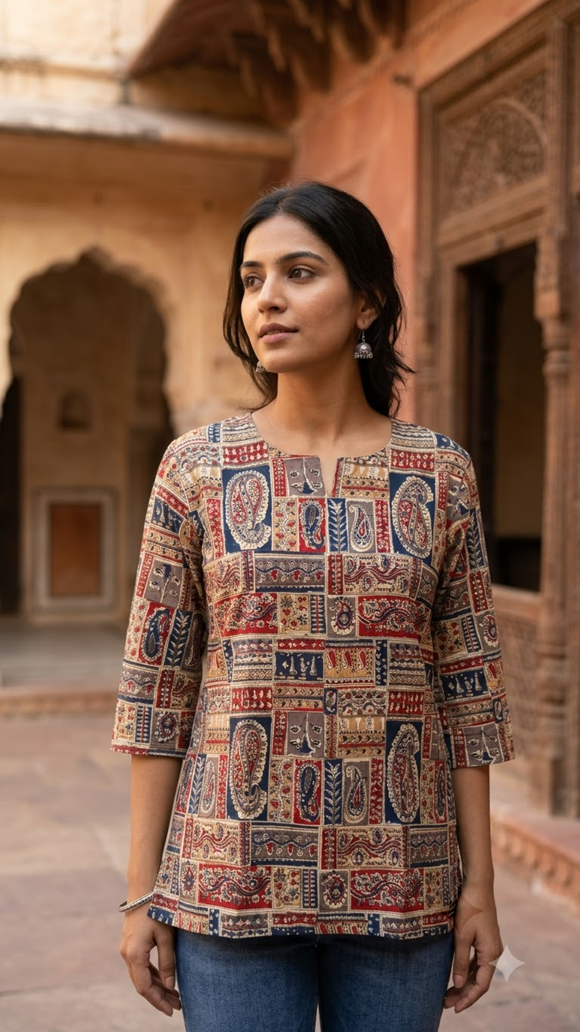 Patch Work Motif Print 3/4 Sleeves Cotton Short Kurti Top for Women