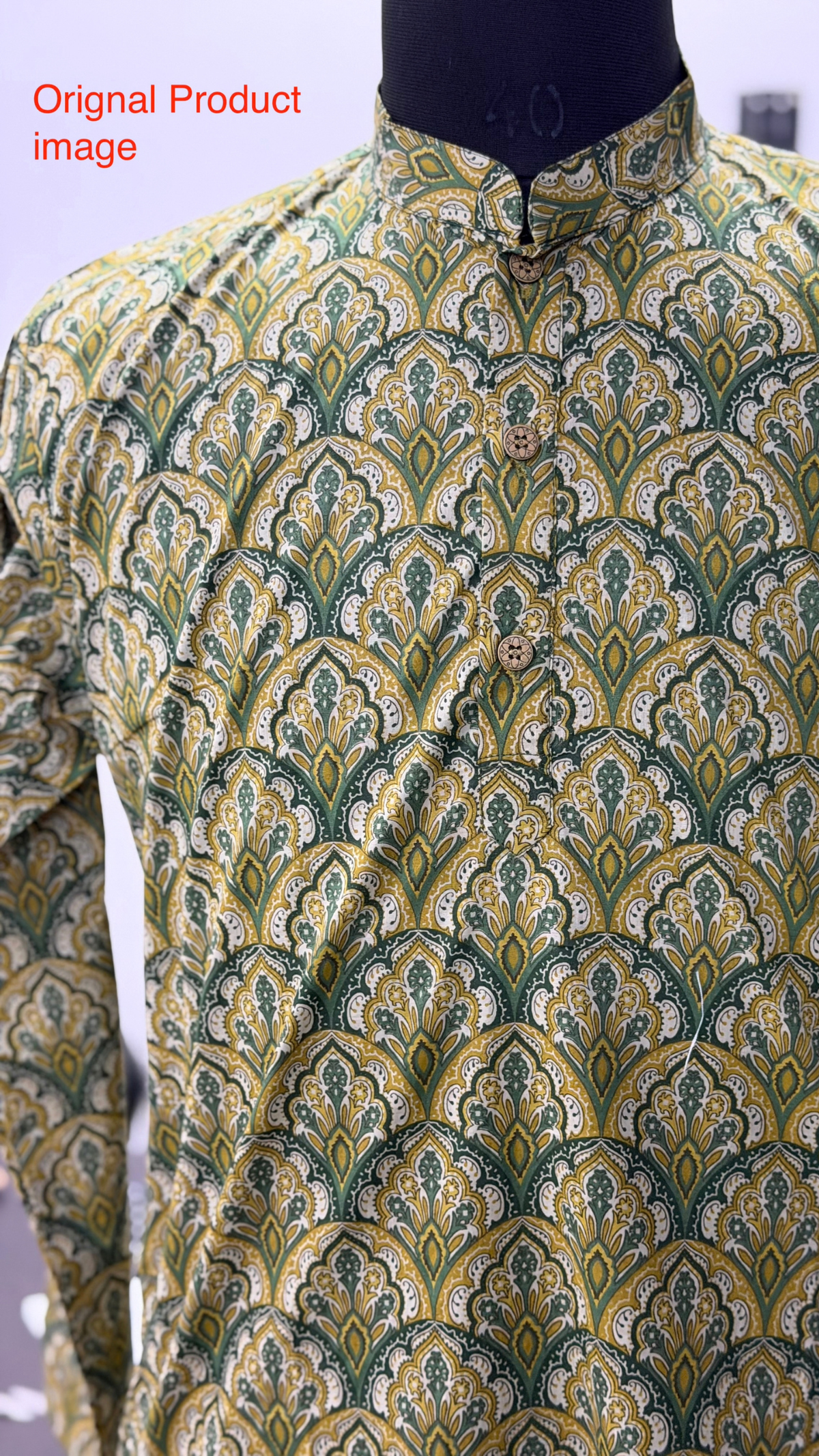 Green Mughal Floral Printed Full Sleeves Long Kurta for Men
