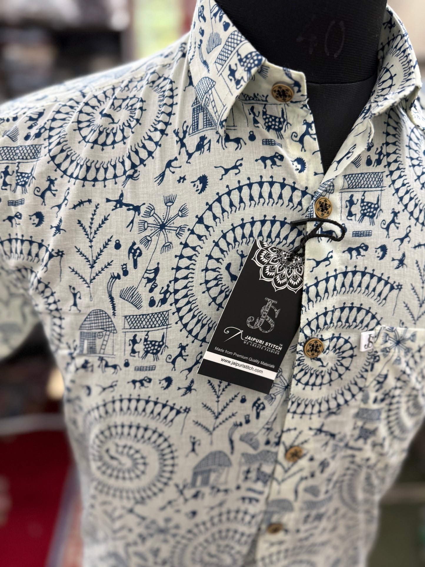 White and Blue Warli Printed Mens Half Sleeves Cotton Shirt