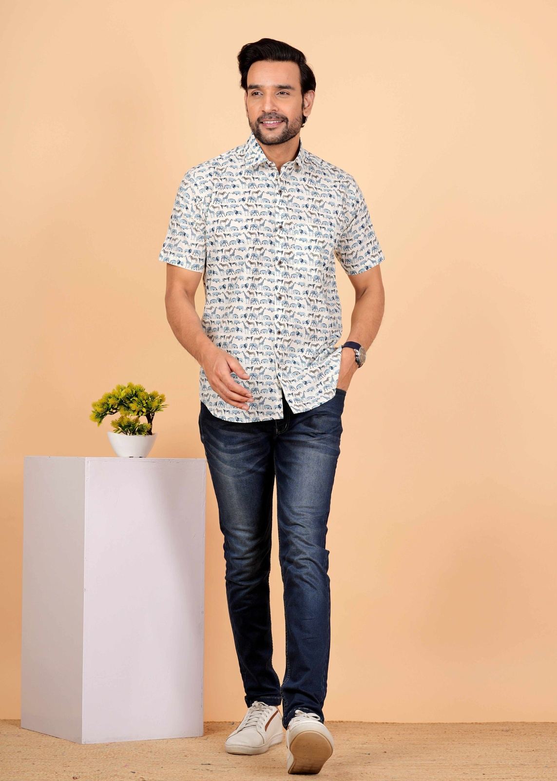 White and Blue Animal Printed Half Sleeves Shirts For Men