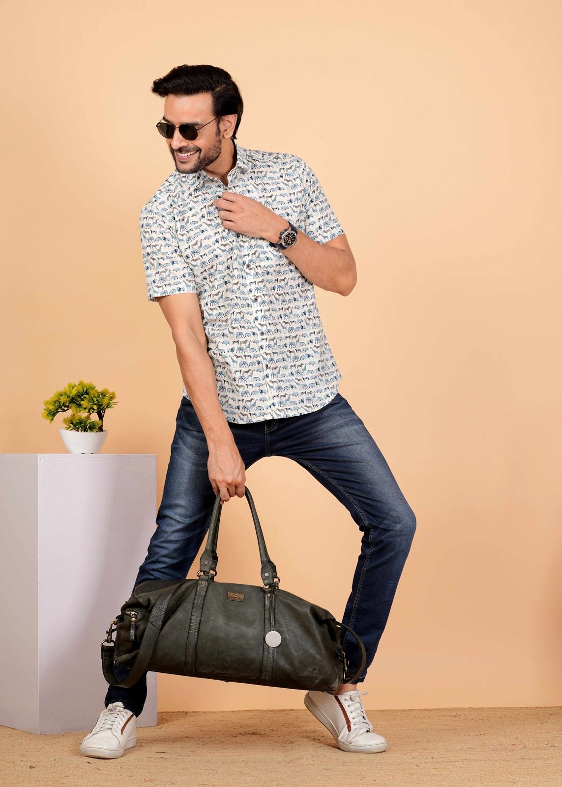 White and Blue Animal Printed Half Sleeves Shirts For Men
