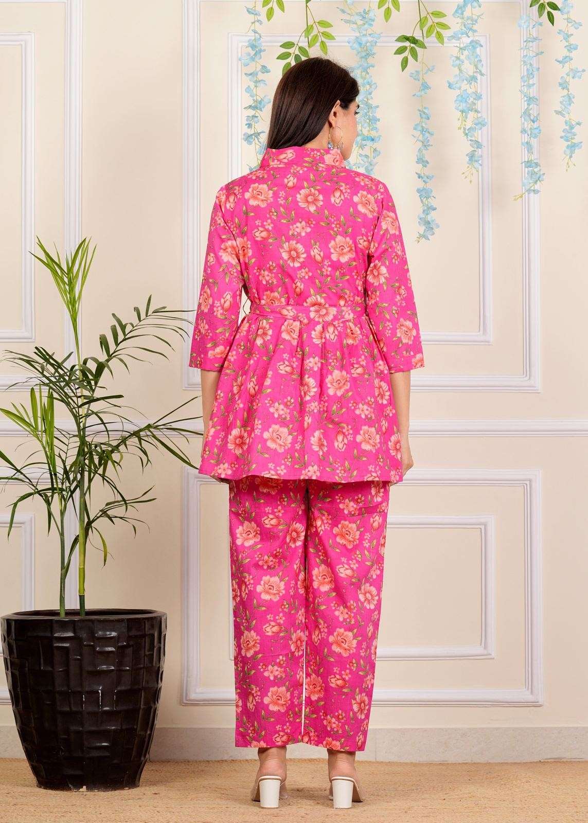 Designer Pink Floral Printed Cotton Co-Ord set for Women with belt