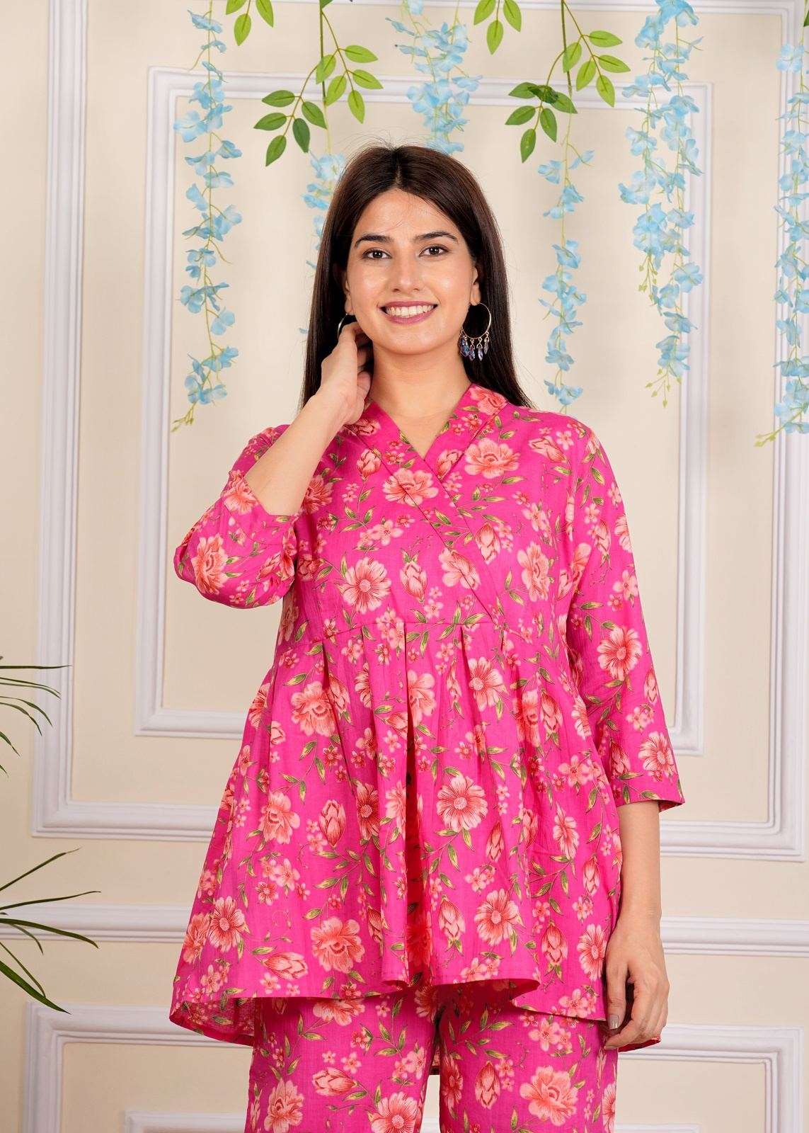 Designer Pink Floral Printed Cotton Co-Ord set for Women with belt
