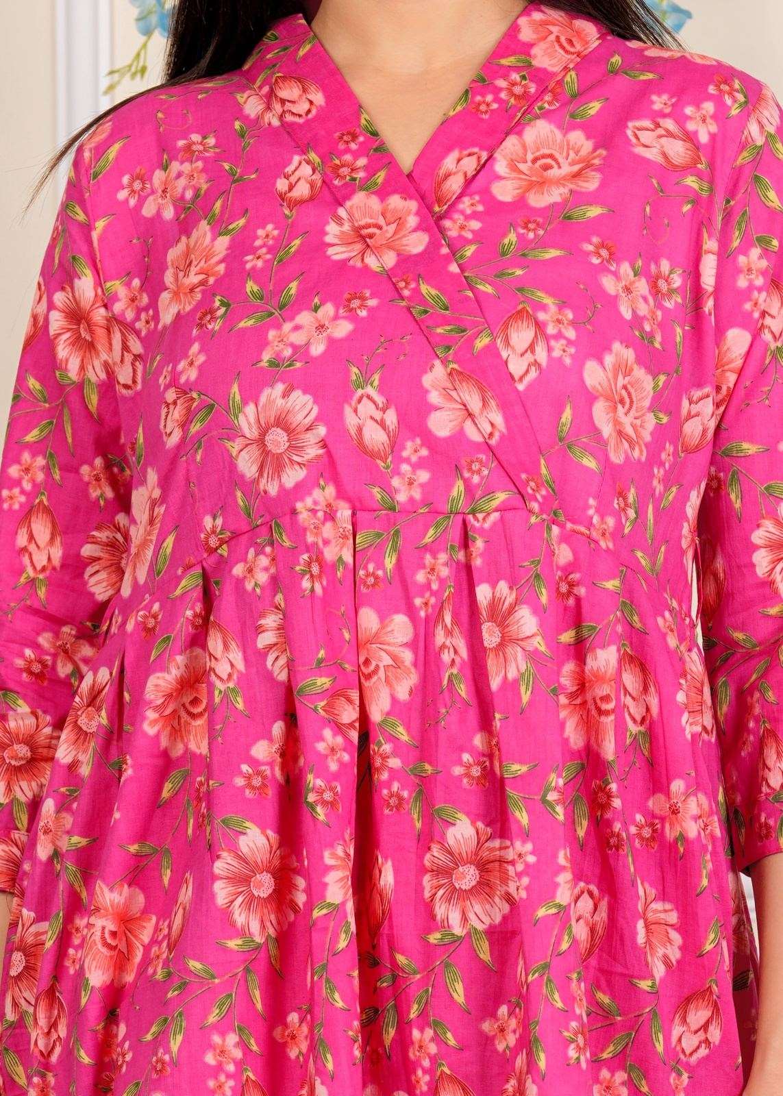 Designer Pink Floral Printed Cotton Co-Ord set for Women with belt