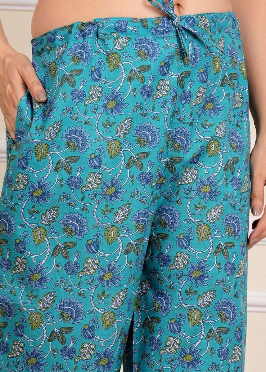 Blue Floral Printed Cotton Co-Ord set for Women with belt