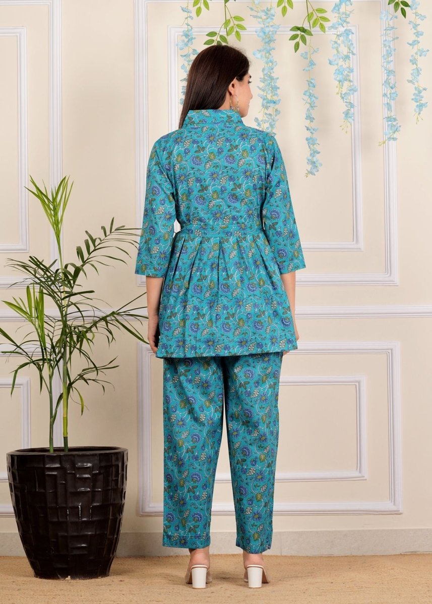 Blue Floral Printed Cotton Co-Ord set for Women with belt