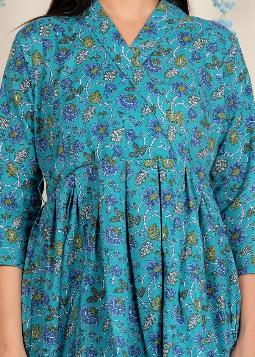 Blue Floral Printed Cotton Co-Ord set for Women with belt