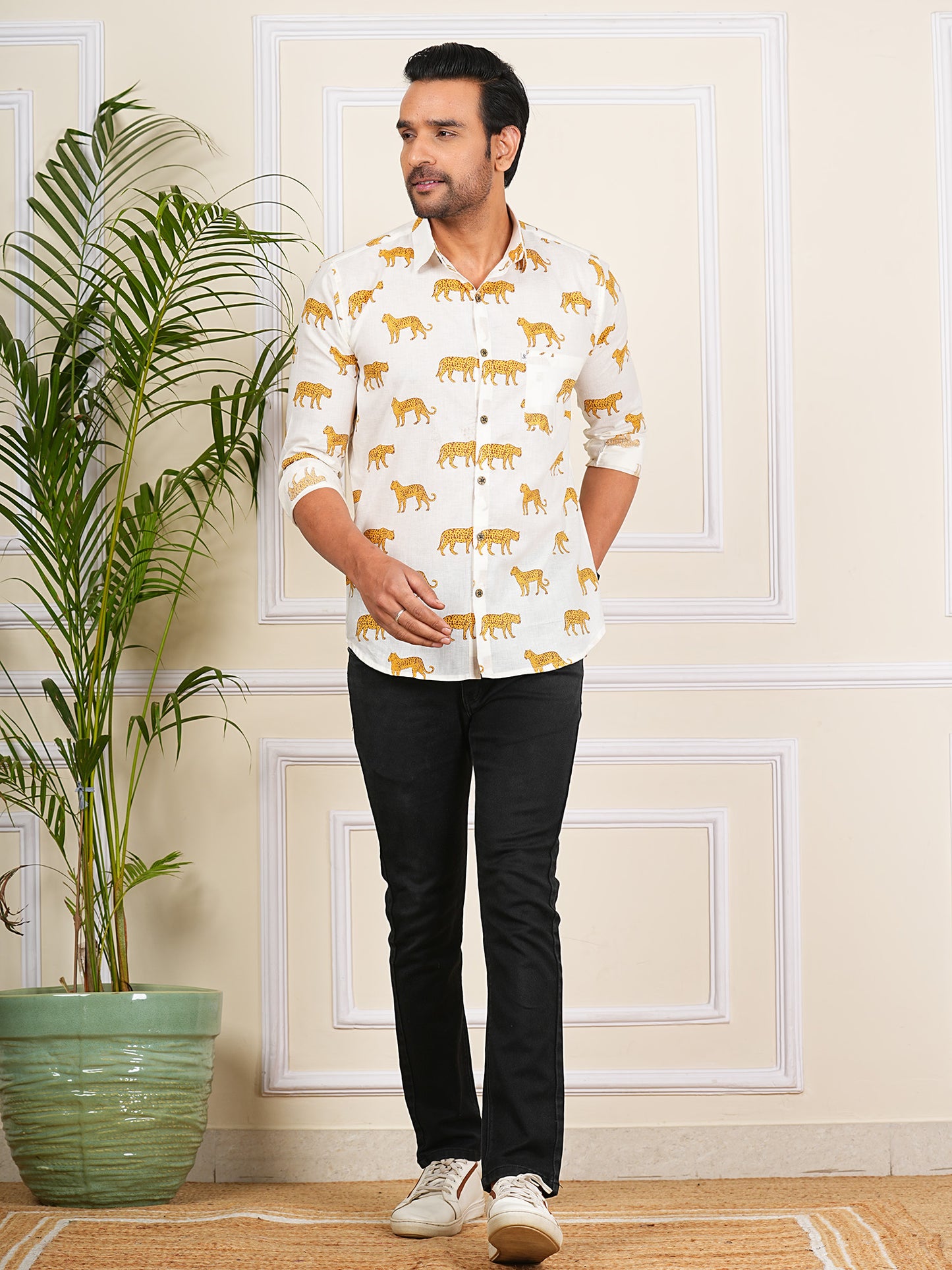 Yellow And White Tiger Printed Full Sleeves Mens Shirt