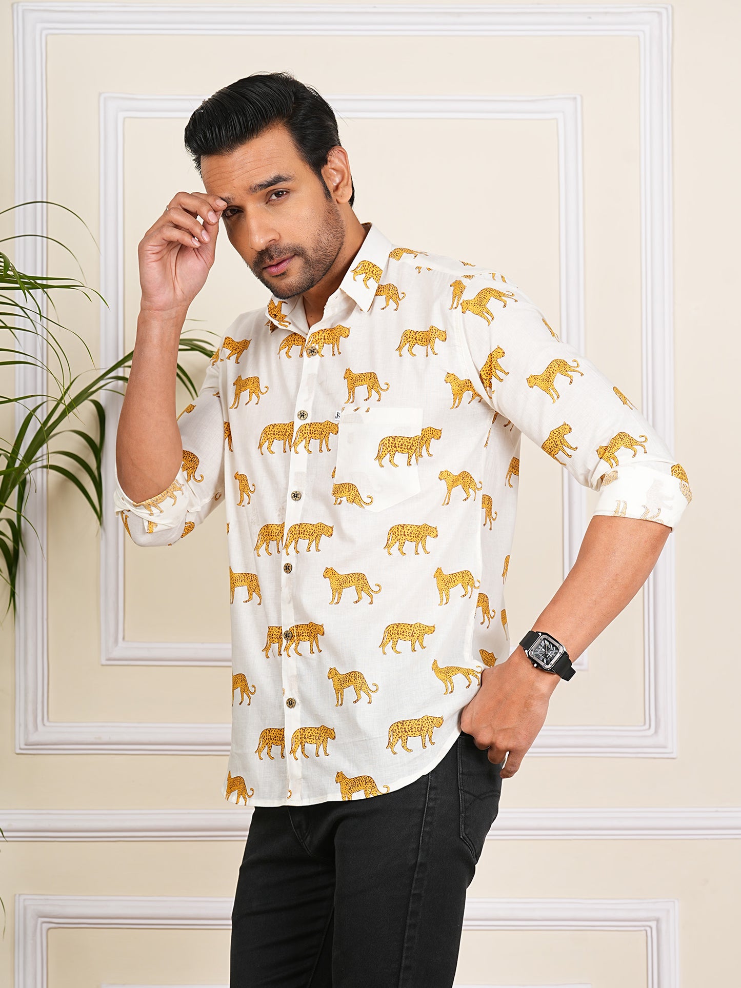 Yellow And White Tiger Printed Full Sleeves Mens Shirt