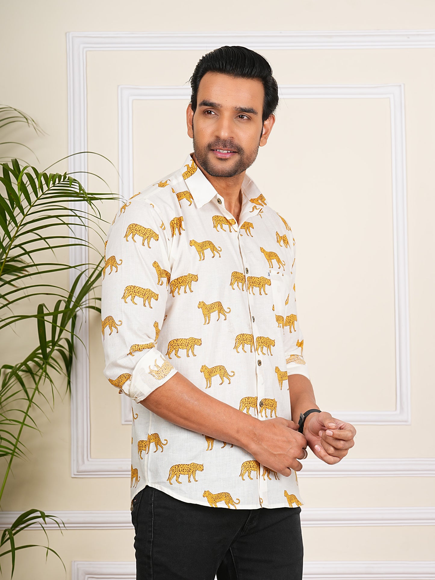 Yellow And White Tiger Printed Full Sleeves Mens Shirt