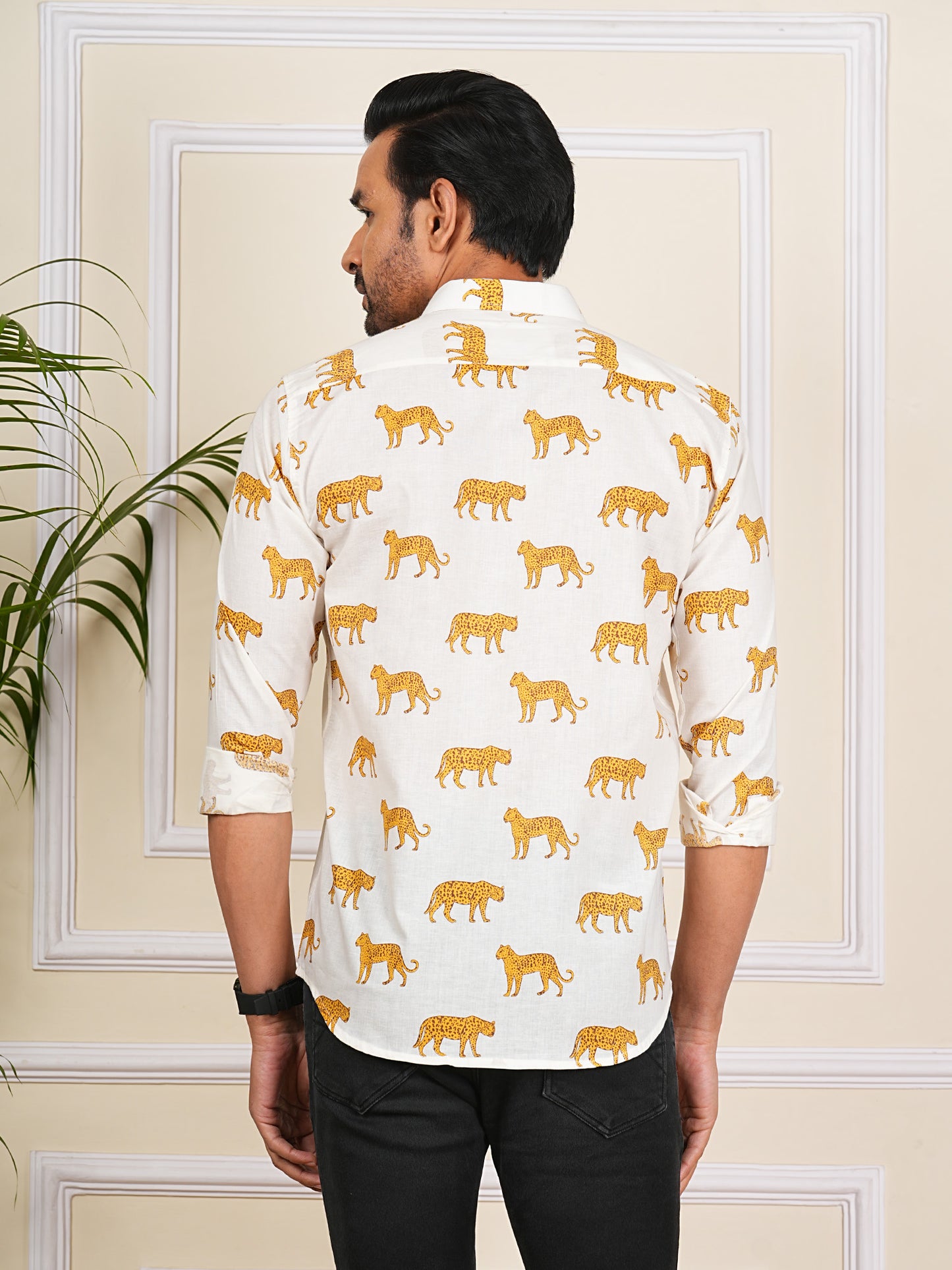 Yellow And White Tiger Printed Full Sleeves Mens Shirt