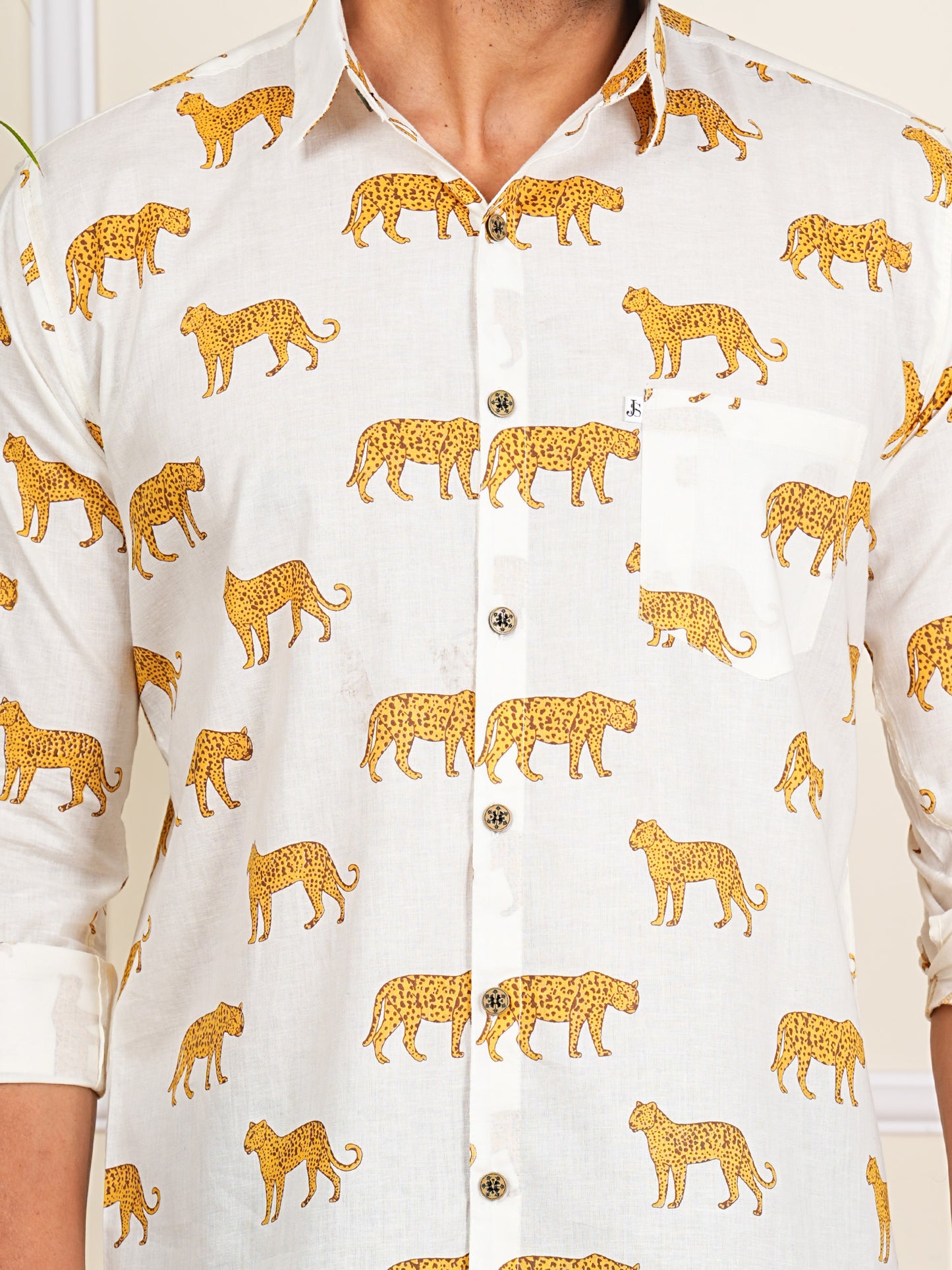 Yellow And White Tiger Printed Full Sleeves Mens Shirt