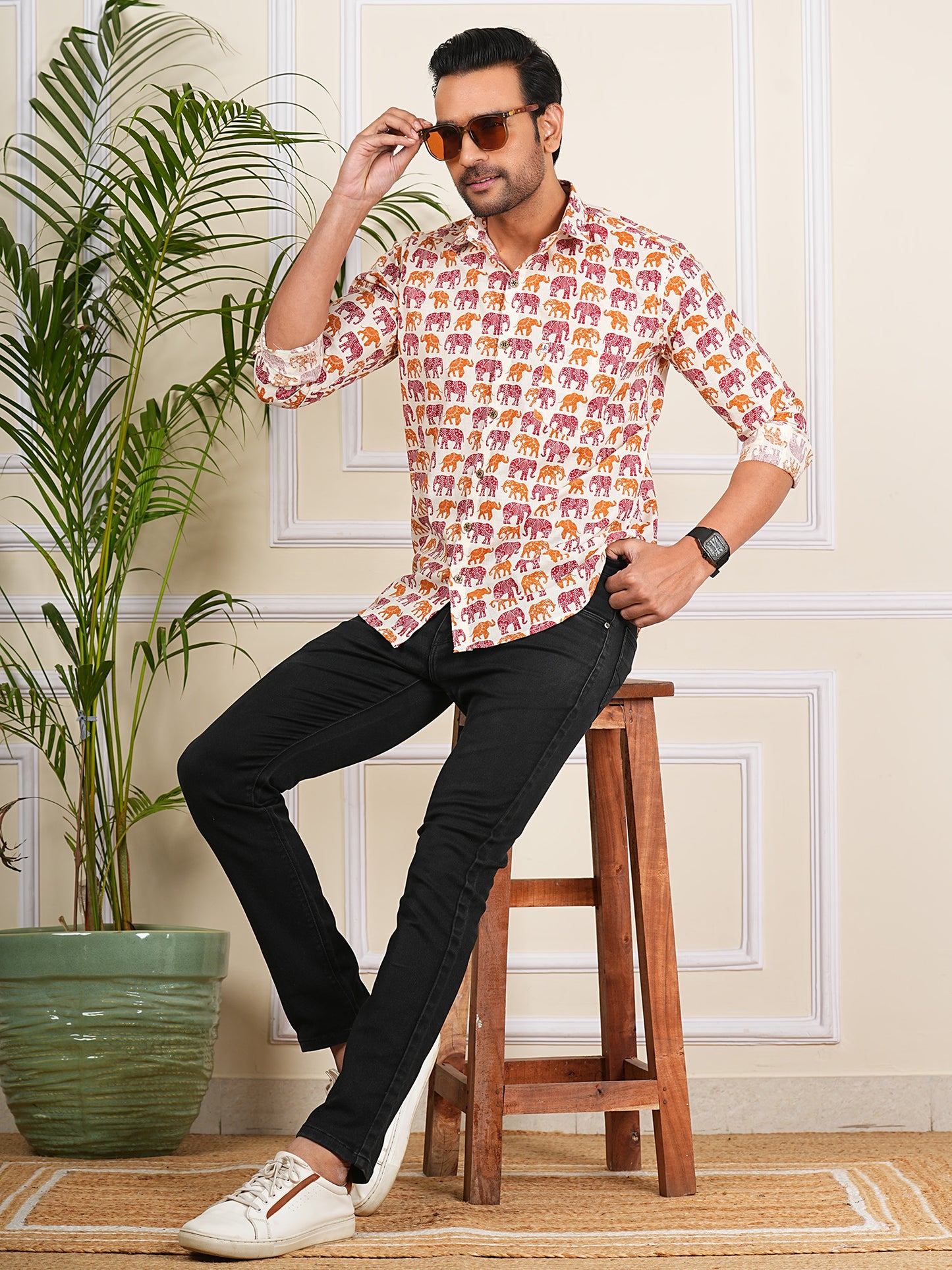 Maroon And Orange Elephant Printed Full Sleeves Shirt For Men