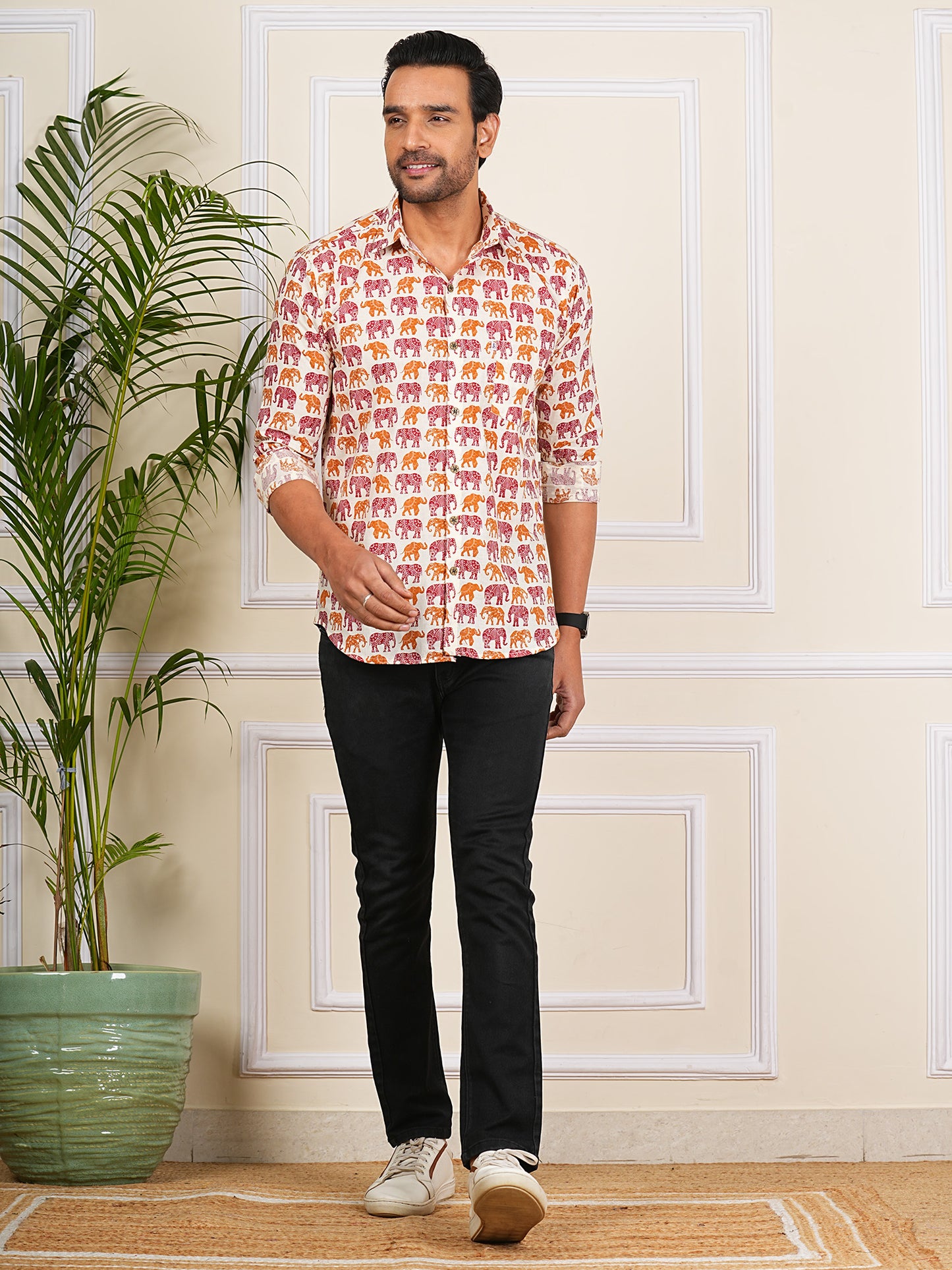 Maroon And Orange Elephant Printed Full Sleeves Shirt For Men