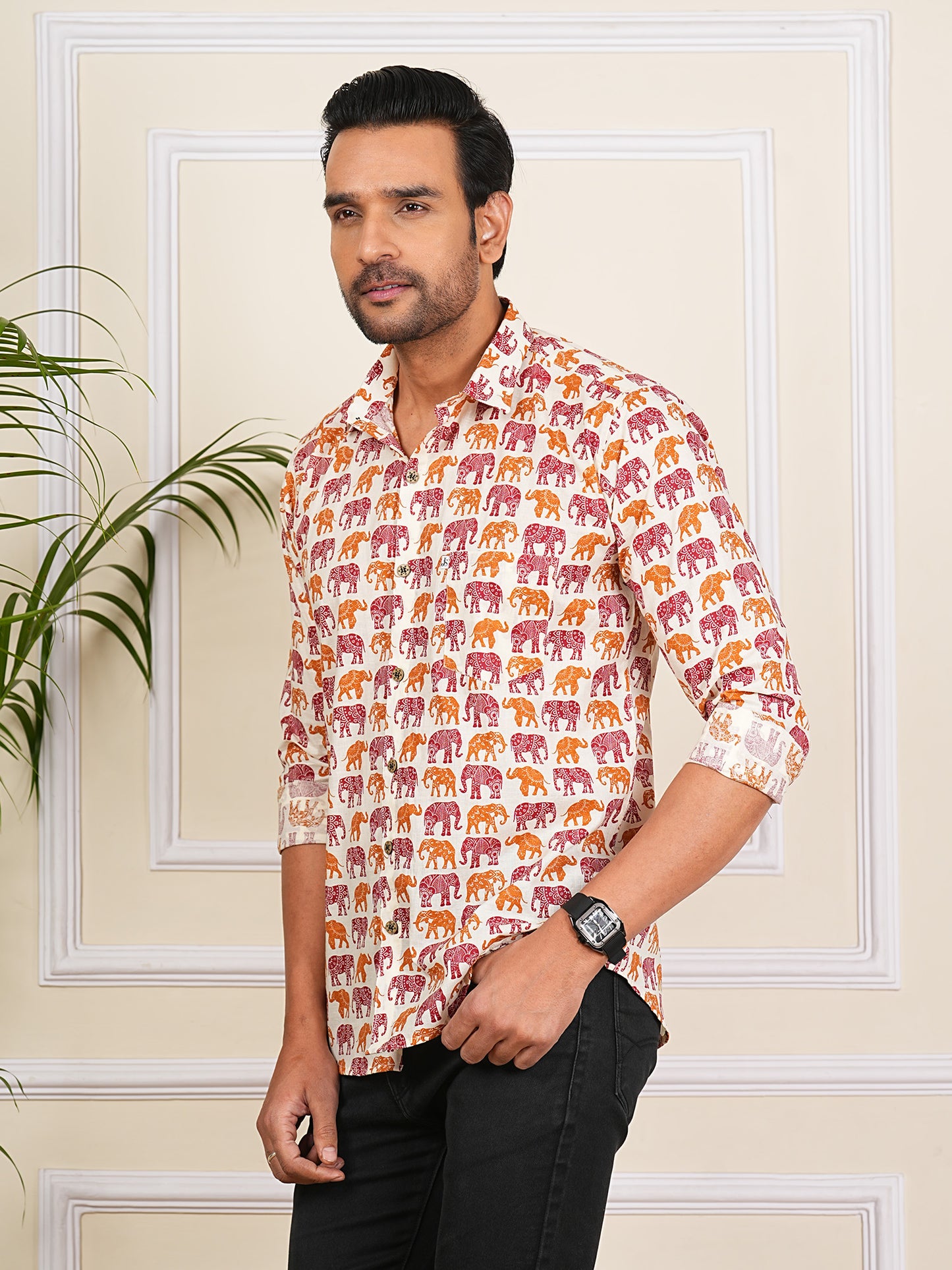 Maroon And Orange Elephant Printed Full Sleeves Shirt For Men
