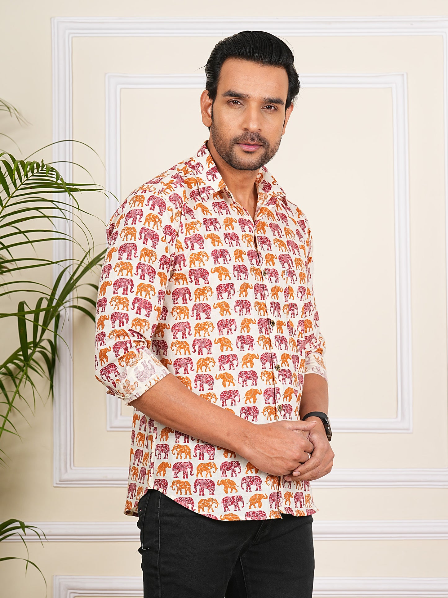 Maroon And Orange Elephant Printed Full Sleeves Shirt For Men