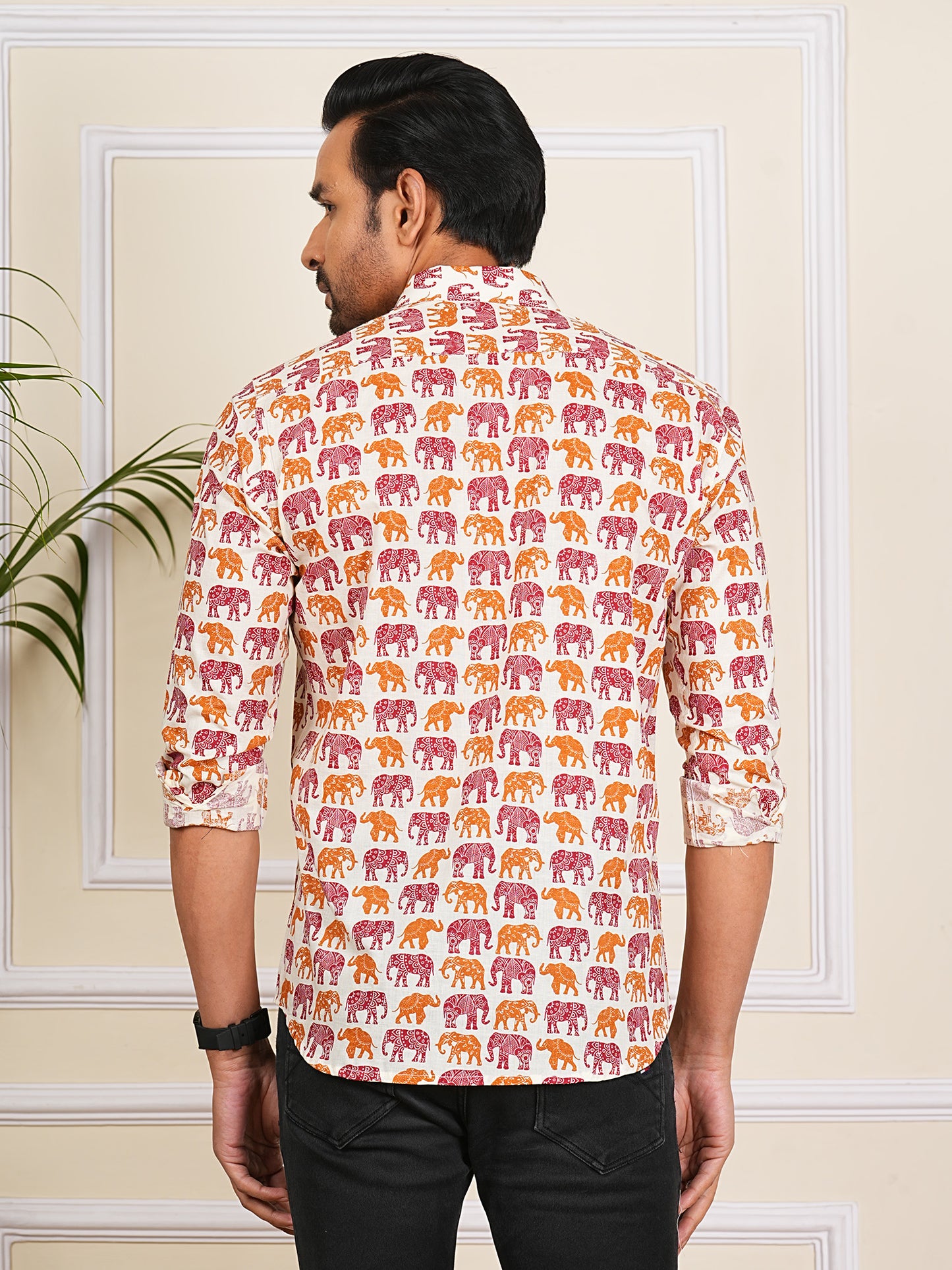 Maroon And Orange Elephant Printed Full Sleeves Shirt For Men
