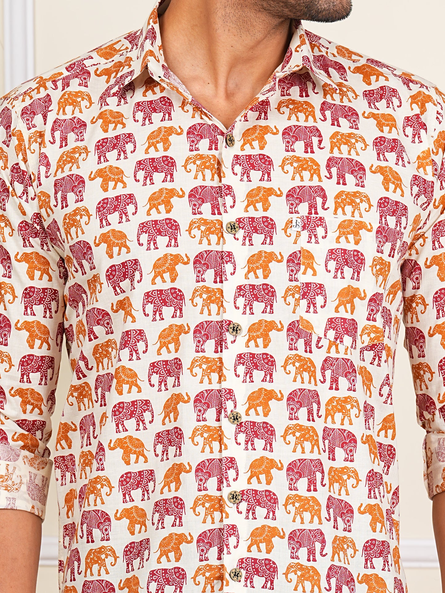 Maroon And Orange Elephant Printed Full Sleeves Shirt For Men
