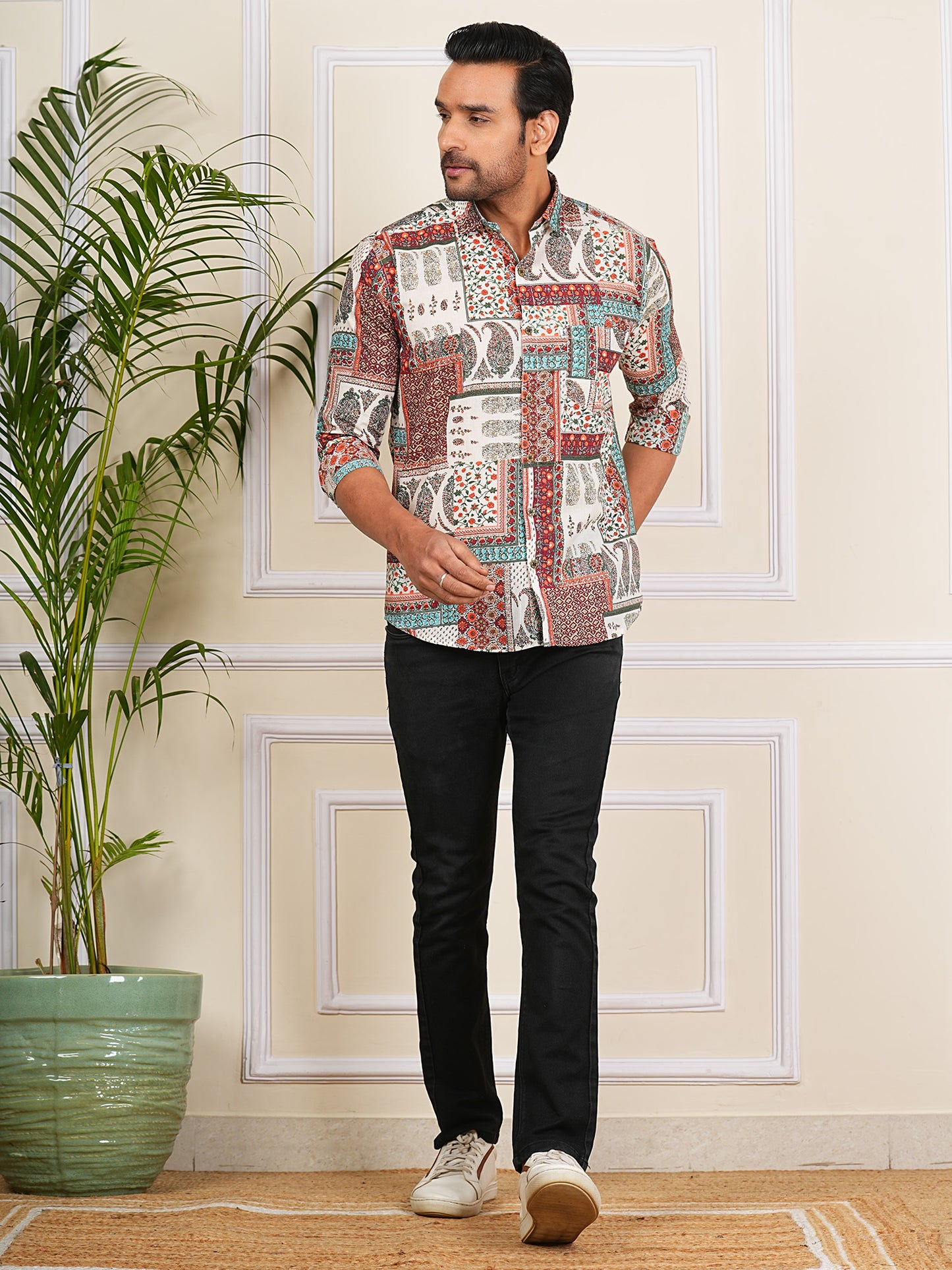 Multicolor Patch Printed Full Sleeves Shirt For Men