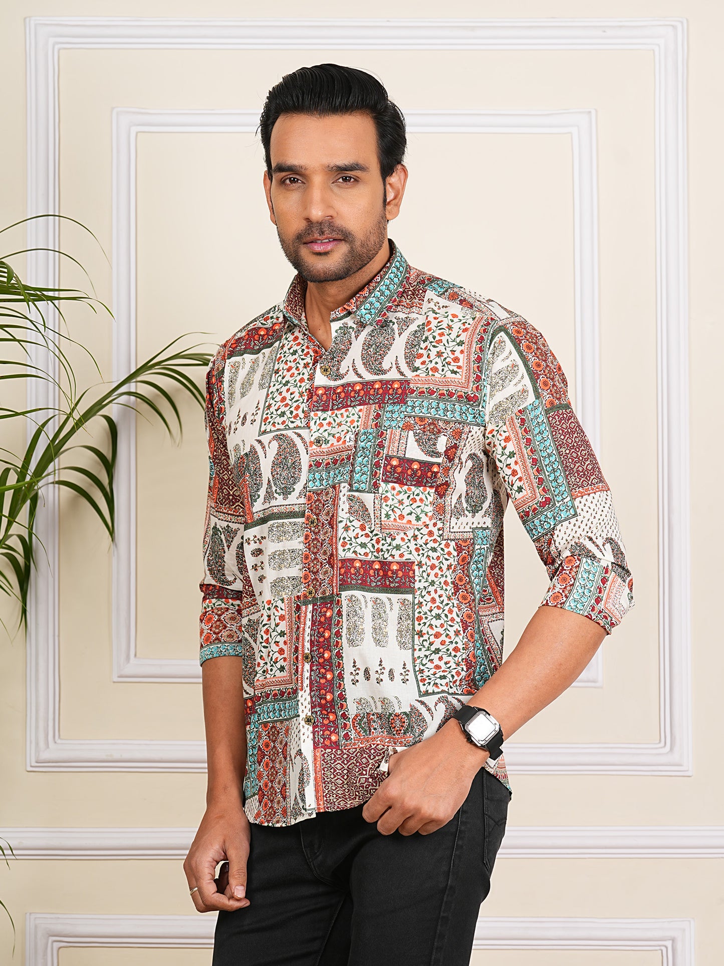 Multicolor Patch Printed Full Sleeves Shirt For Men