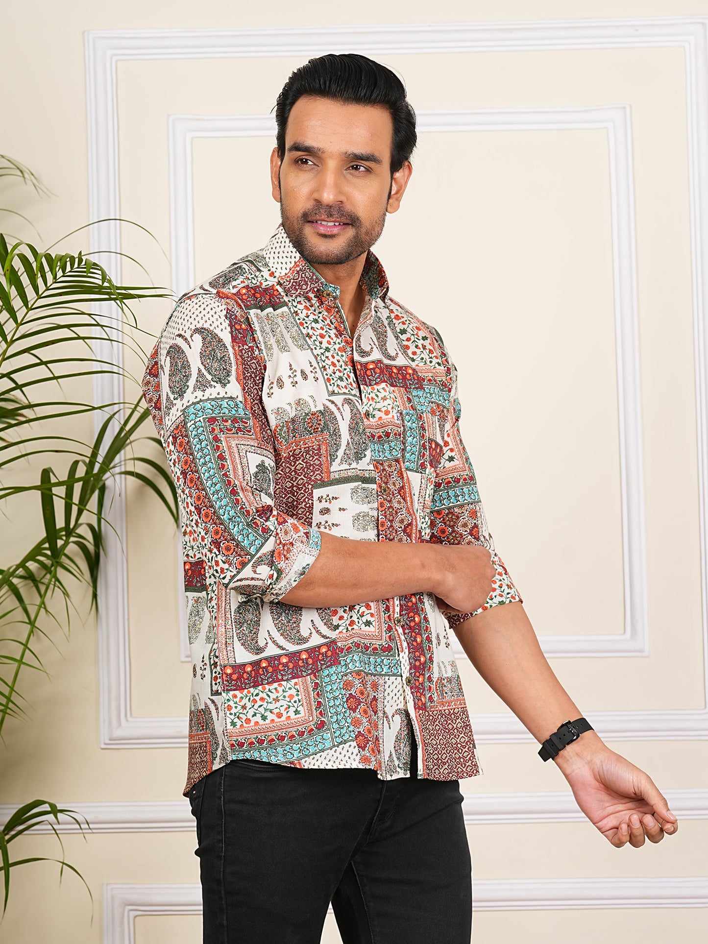 Multicolor Patch Printed Full Sleeves Shirt For Men