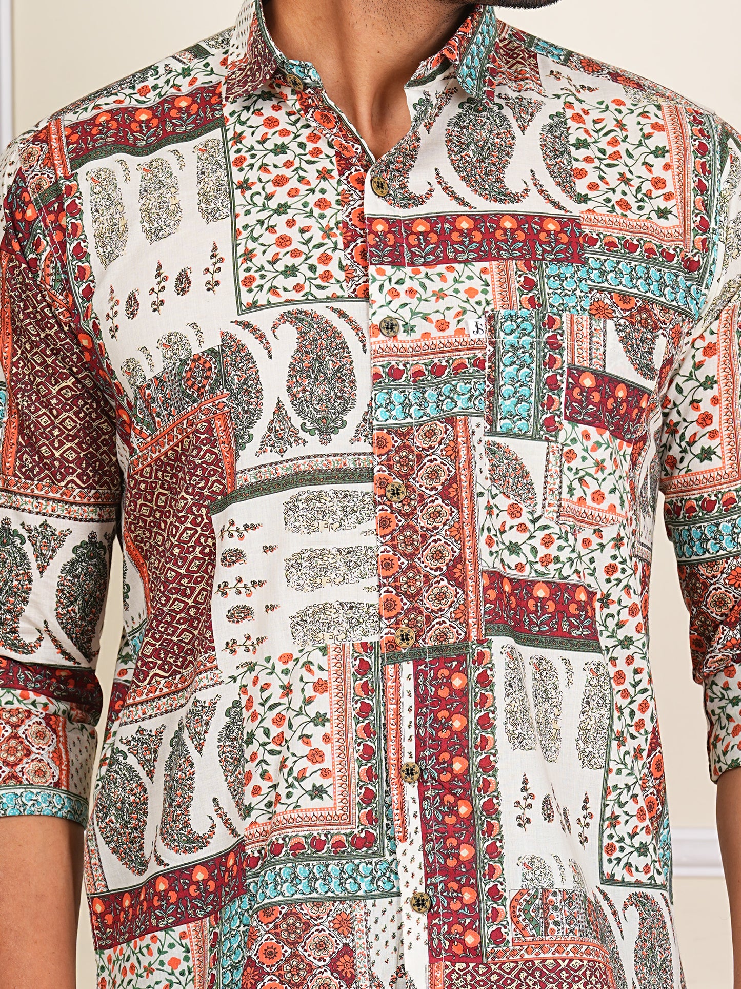 Multicolor Patch Printed Full Sleeves Shirt For Men