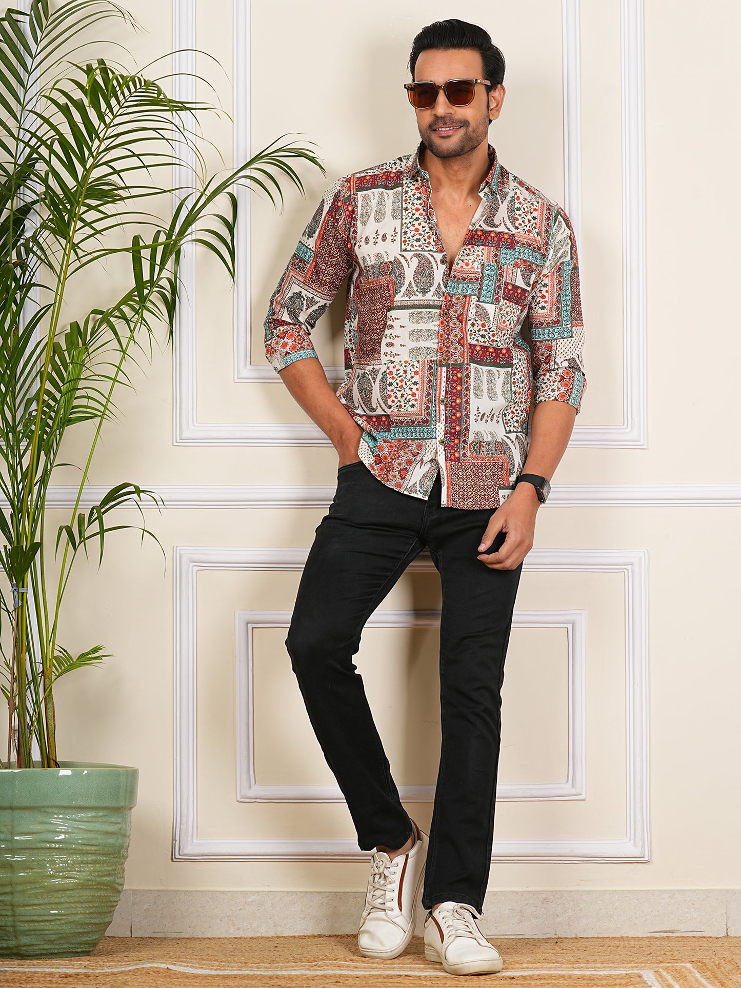 Multicolor Patch Printed Full Sleeves Shirt For Men
