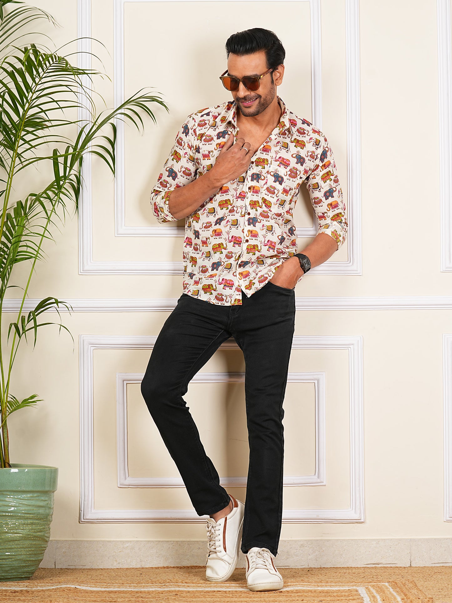 Multicolor elephant Printed Full Sleeves Shirt For Men