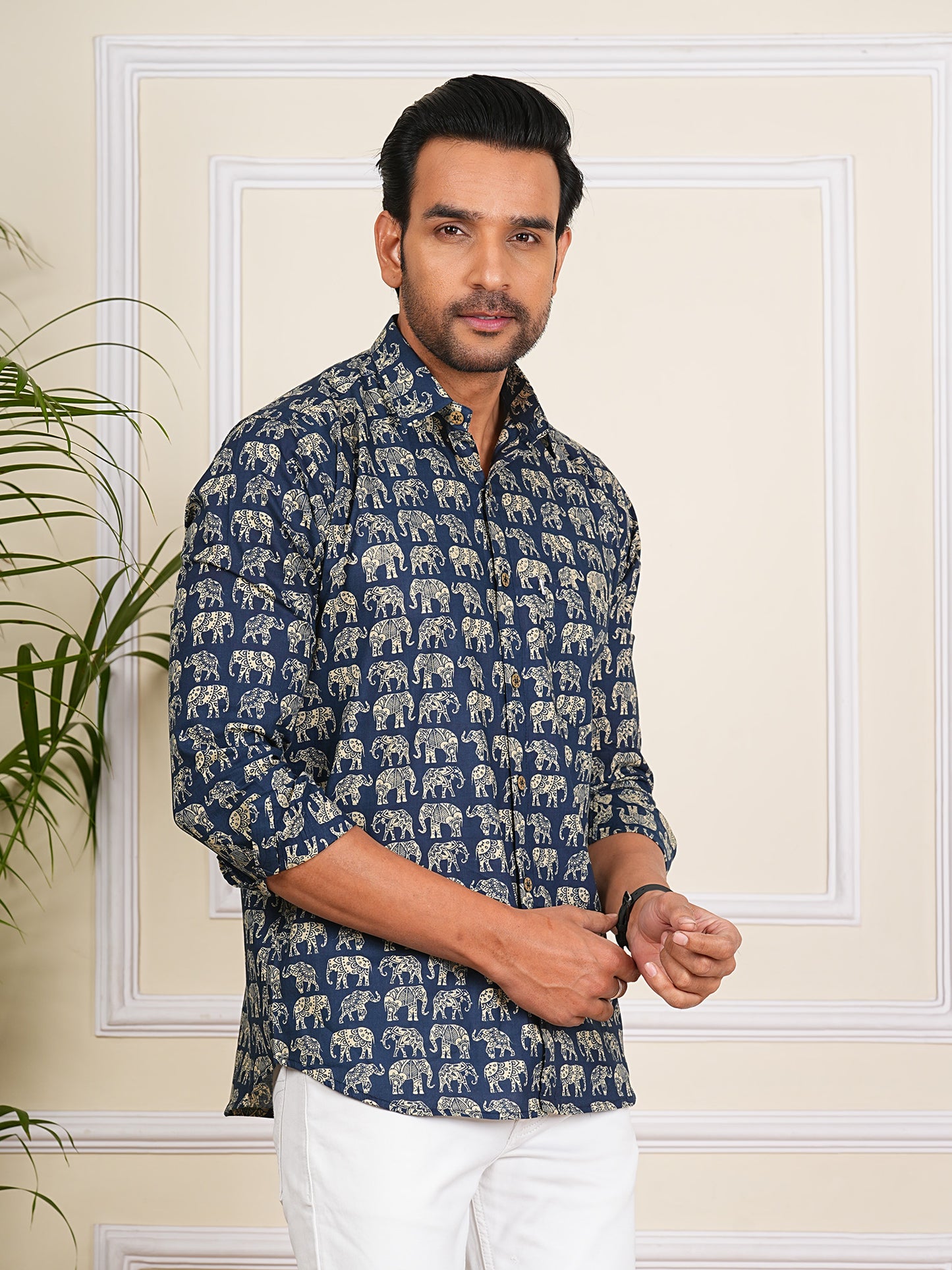 Blue and White elephant Printed Full Sleeves Shirt For Men