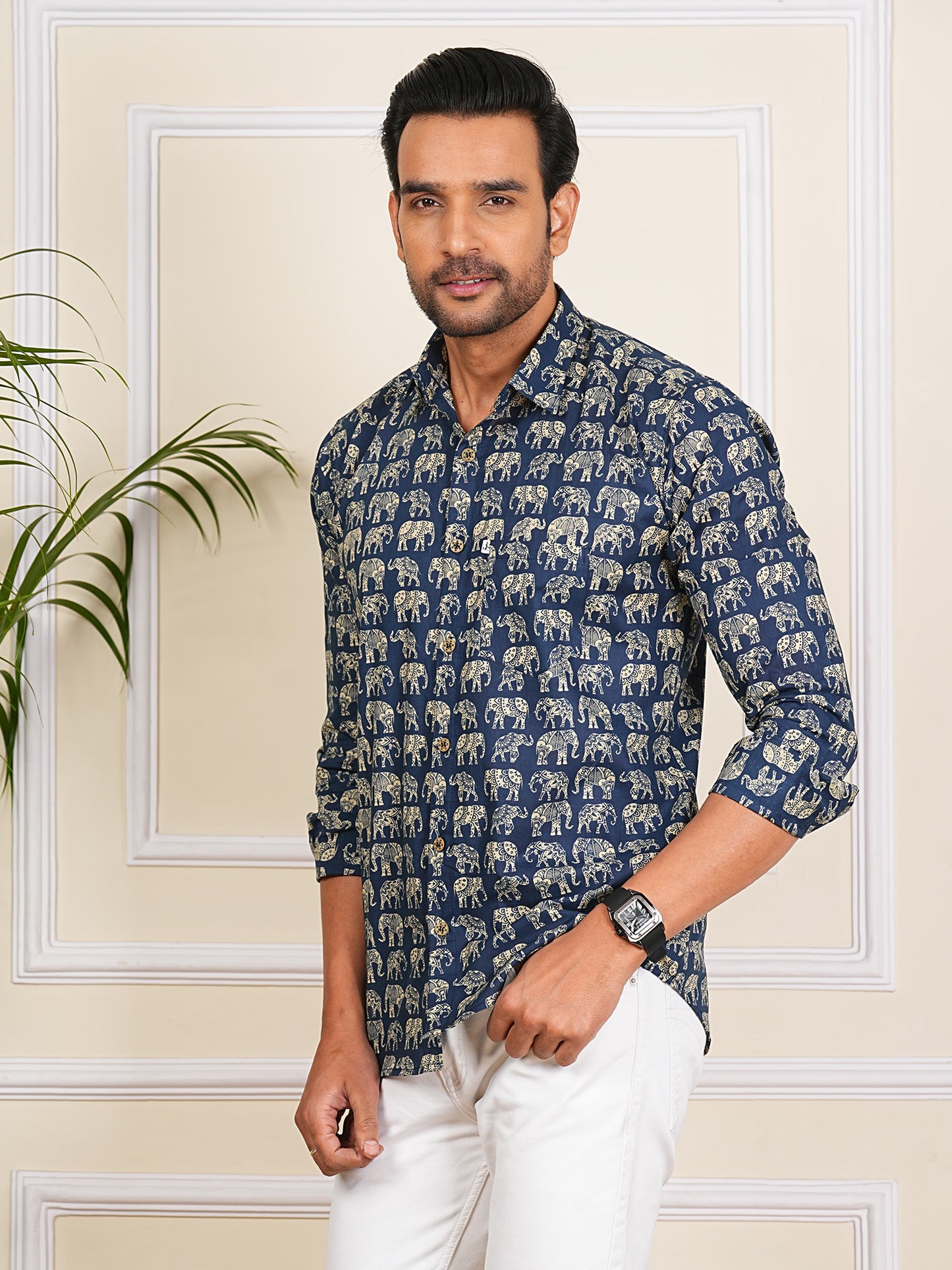 Blue and White elephant Printed Full Sleeves Shirt For Men
