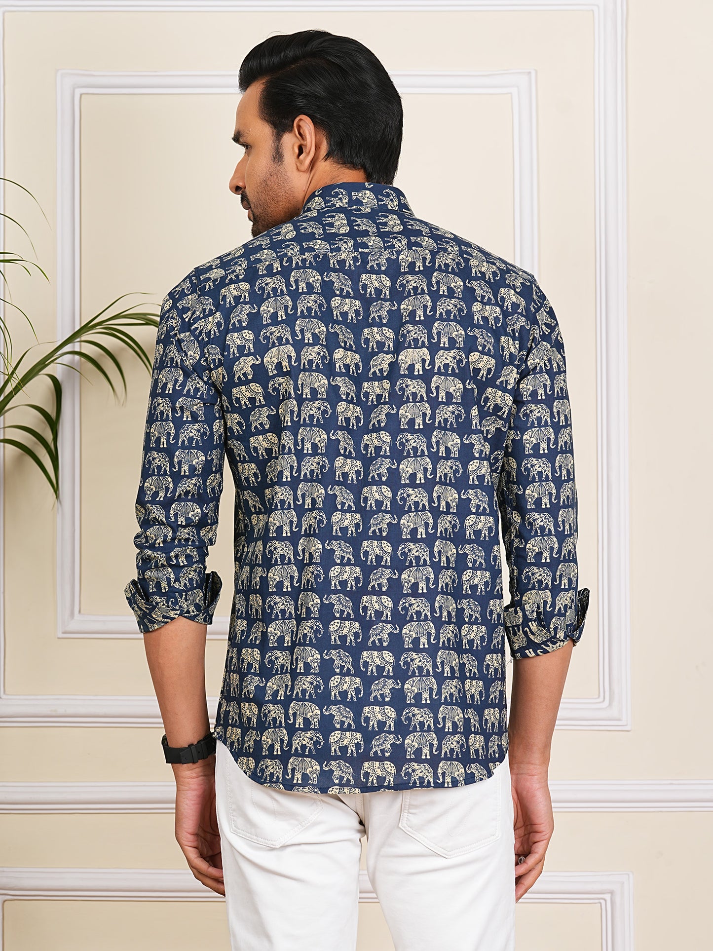 Blue and White elephant Printed Full Sleeves Shirt For Men