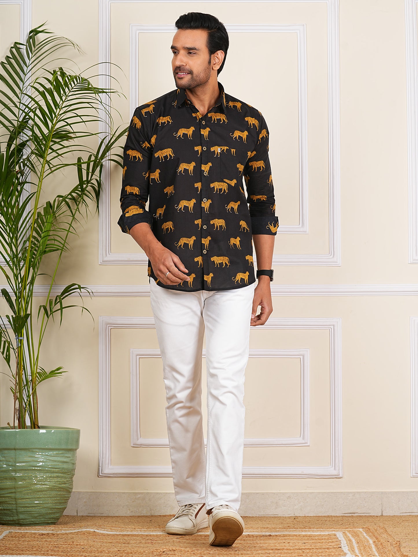 Black And Yellow Tiger Printed Full Sleeves Shirt For Men