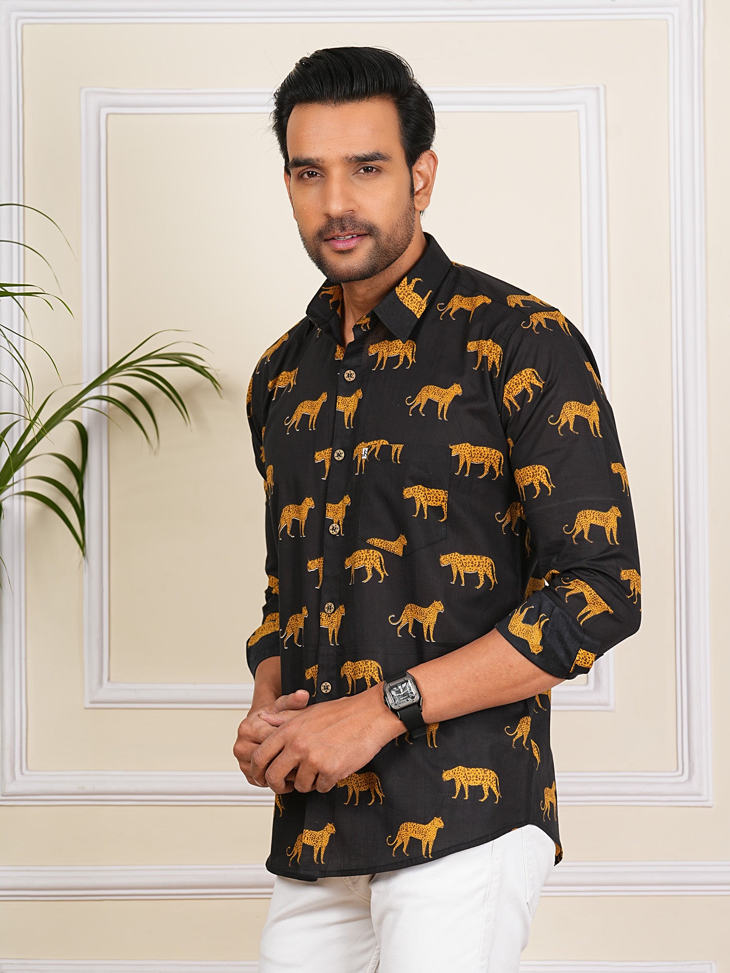 Black And Yellow Tiger Printed Full Sleeves Shirt For Men Jaipuri Stitch Black And Yellow Tiger Printed Full Sleeves Shirt For Men Jaipuri Stitch