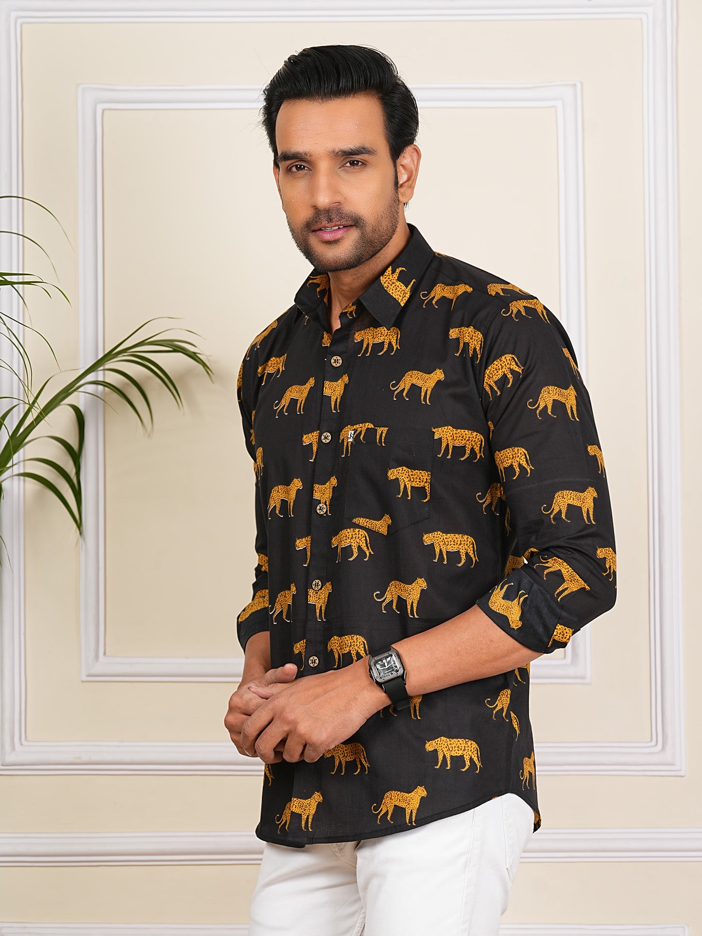 Black And Yellow Tiger Printed Full Sleeves Shirt For Men