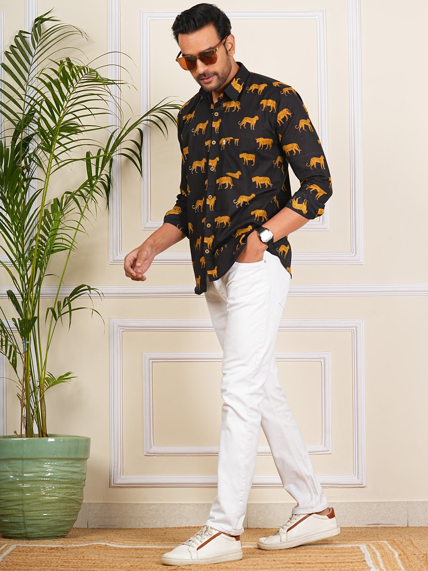 Black And Yellow Tiger Printed Full Sleeves Shirt For Men