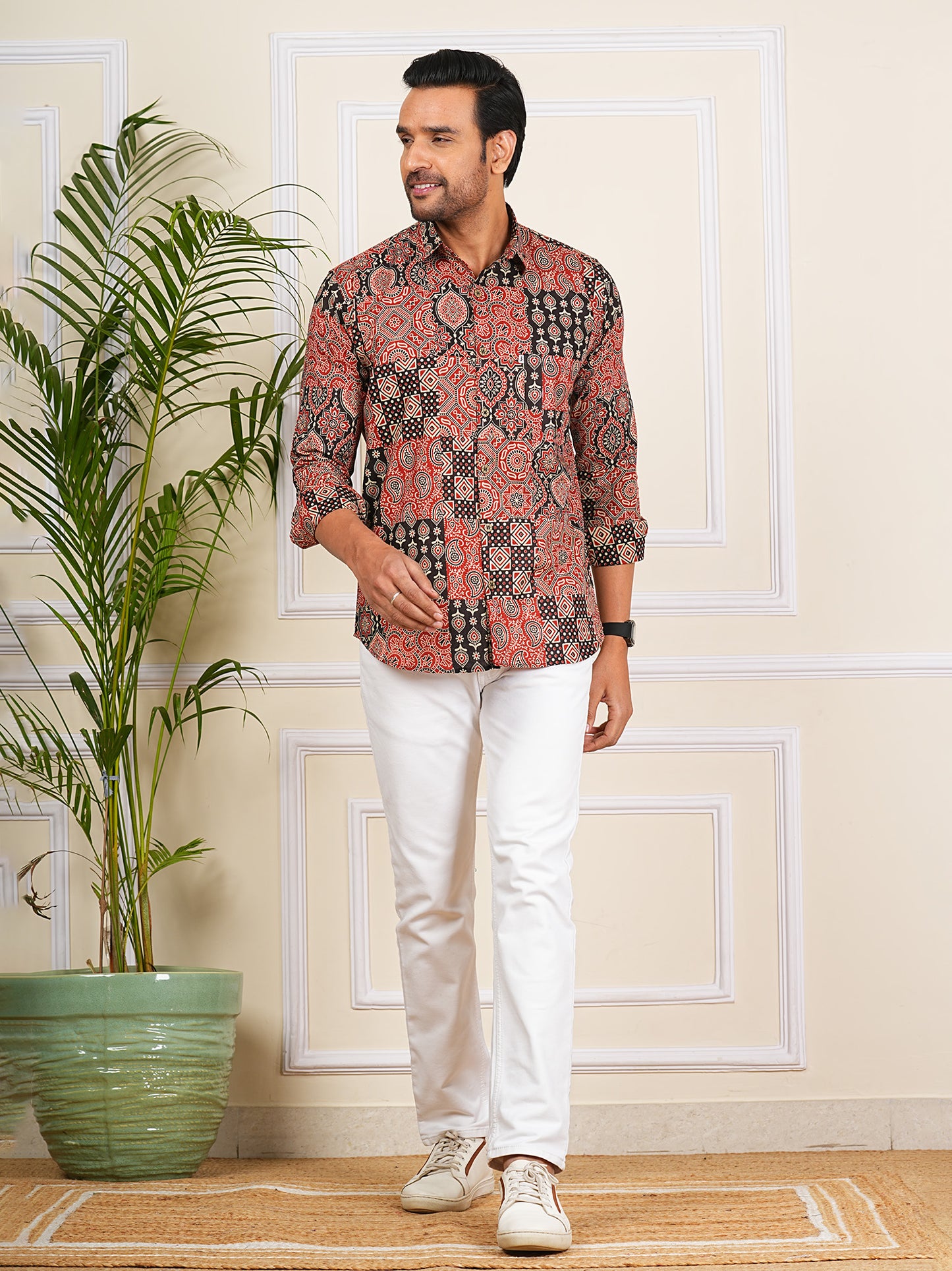 Red And Black Patch Work Printed Full Sleeves Shirt For Men