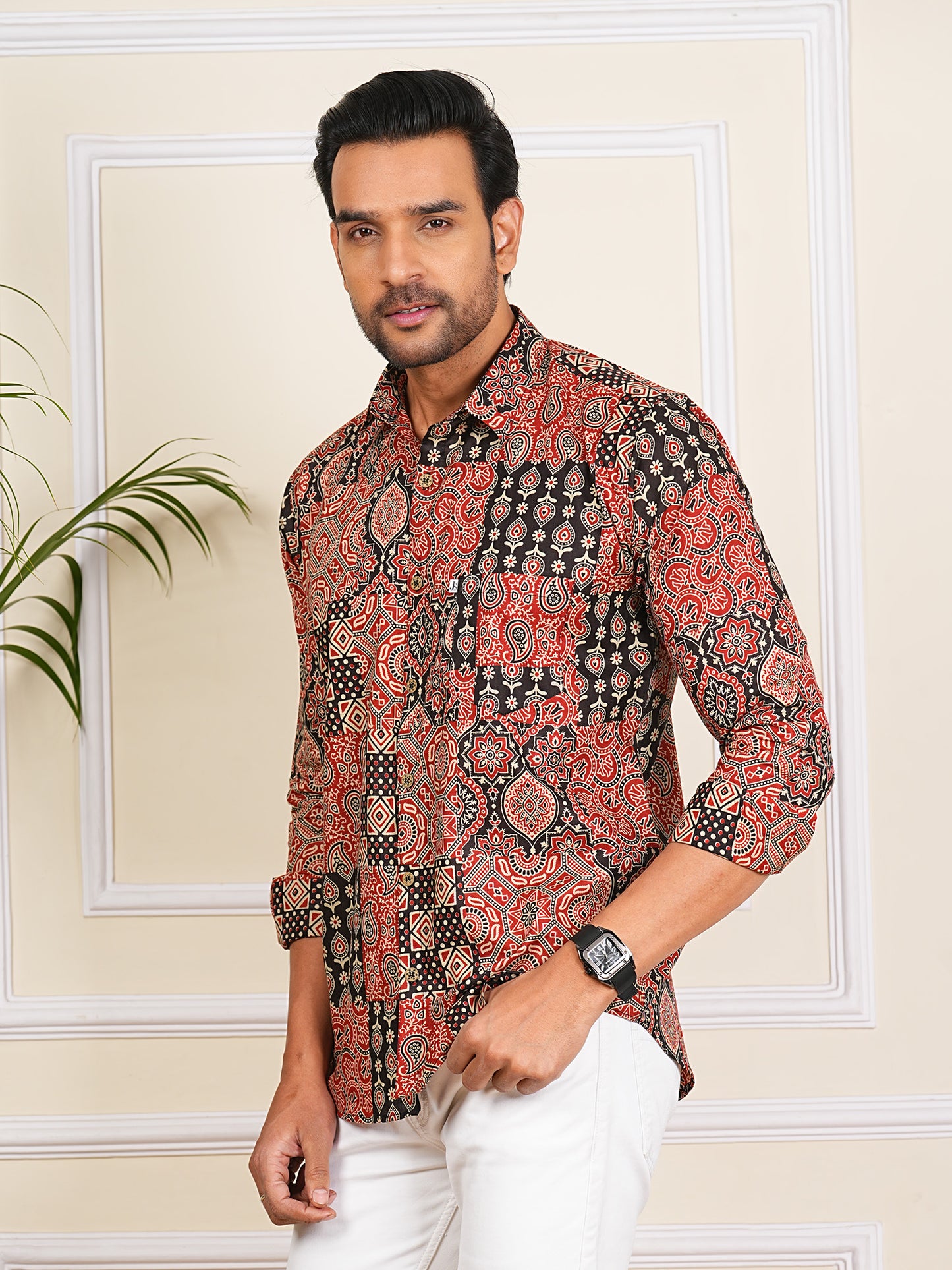 Red And Black Patch Work Printed Full Sleeves Shirt For Men
