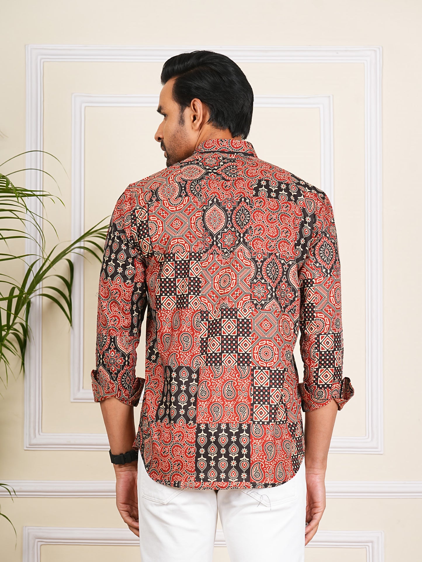 Red And Black Patch Work Printed Full Sleeves Shirt For Men