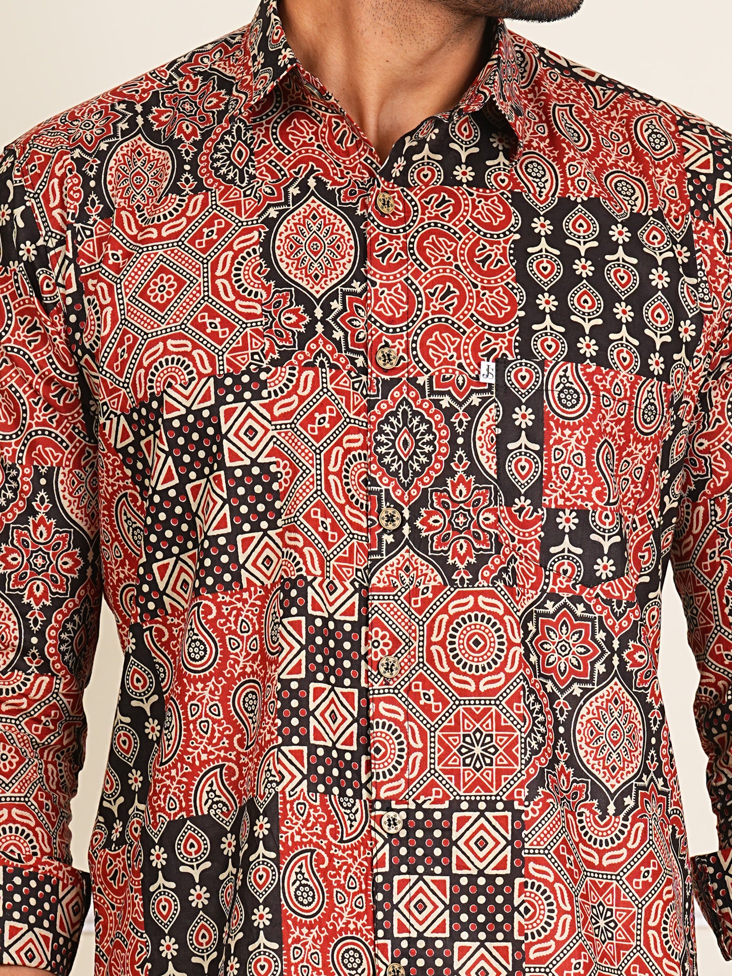 Red And Black Patch Work Printed Full Sleeves Shirt For Men