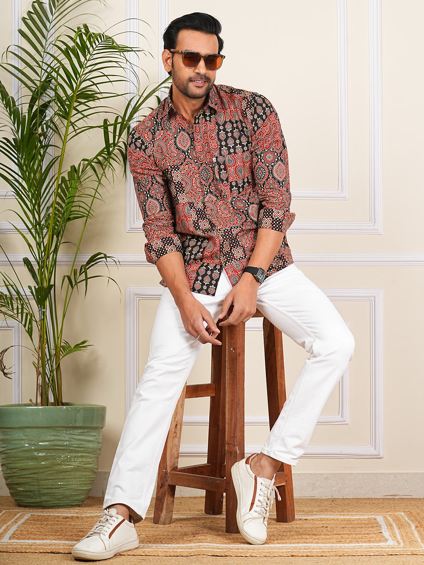 Red And Black Patch Work Printed Full Sleeves Shirt For Men
