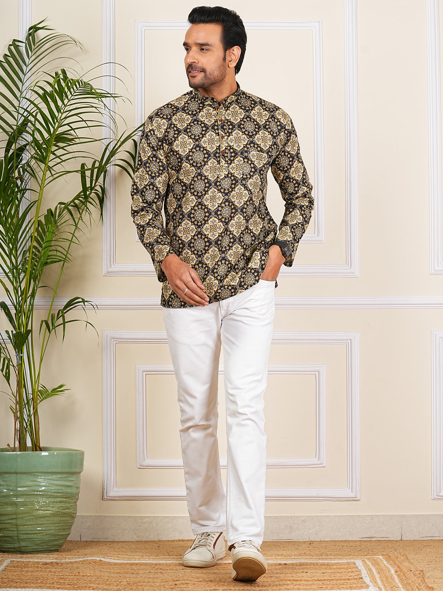 Black and Brown Ajrak Printed Short Kurta For Men