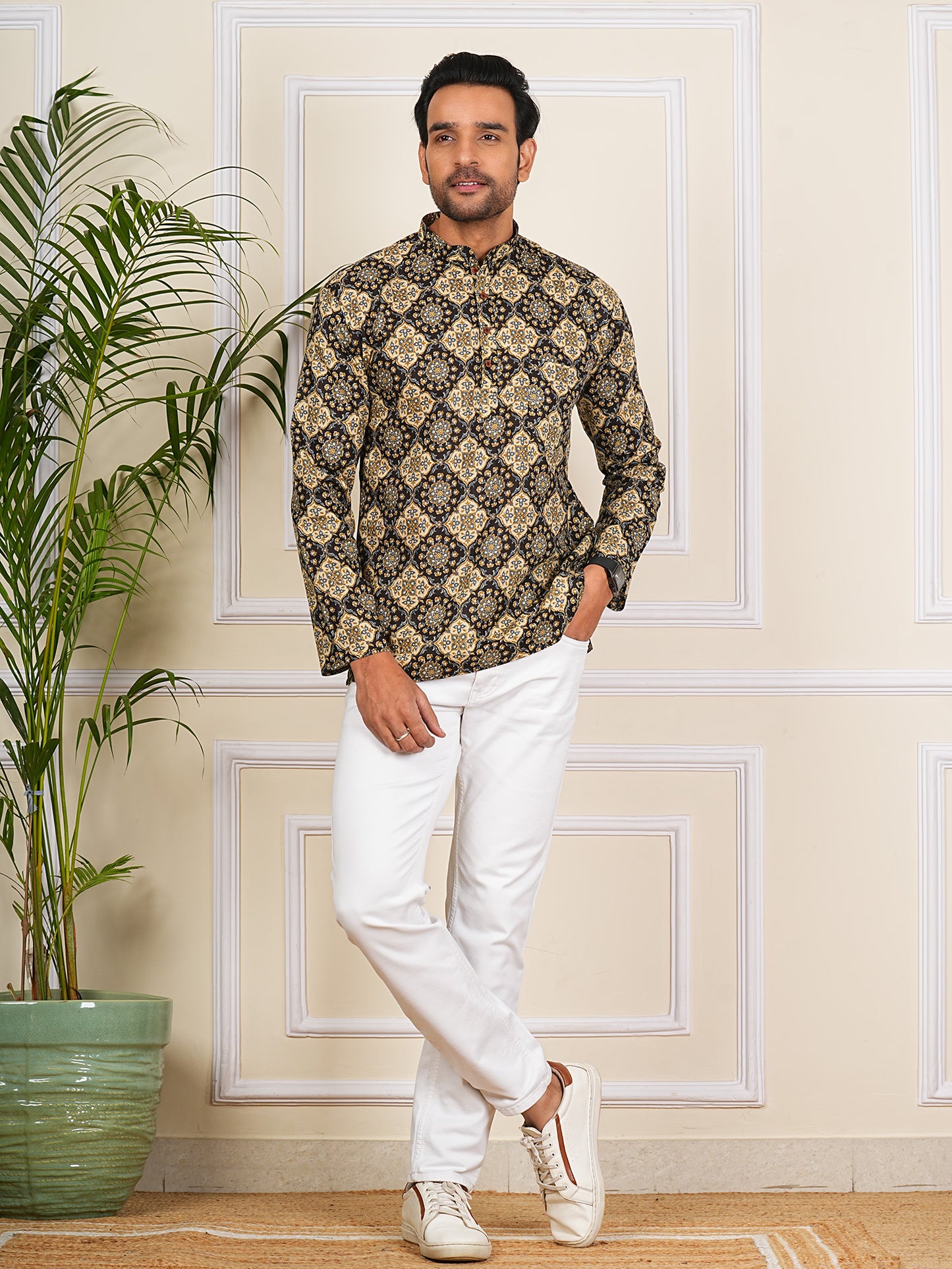 Black and Brown Ajrak Printed Short Kurta For Men