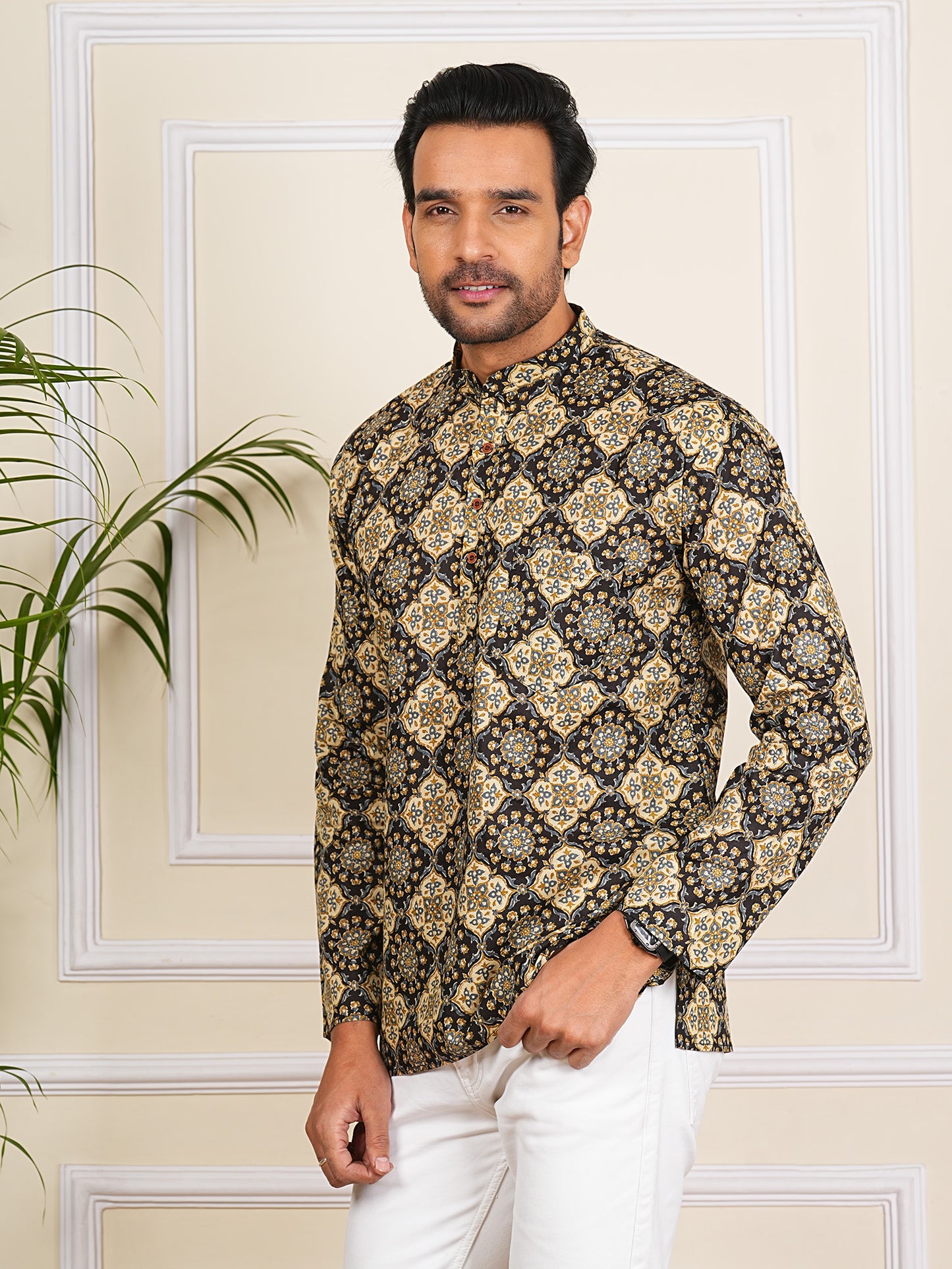 Black and Brown Ajrak Printed Short Kurta For Men