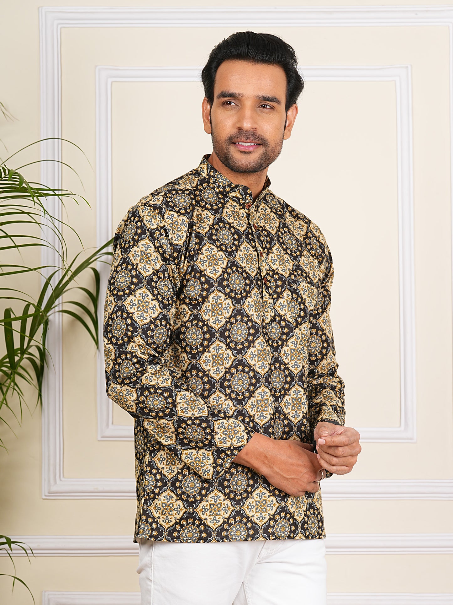 Black and Brown Ajrak Printed Short Kurta For Men