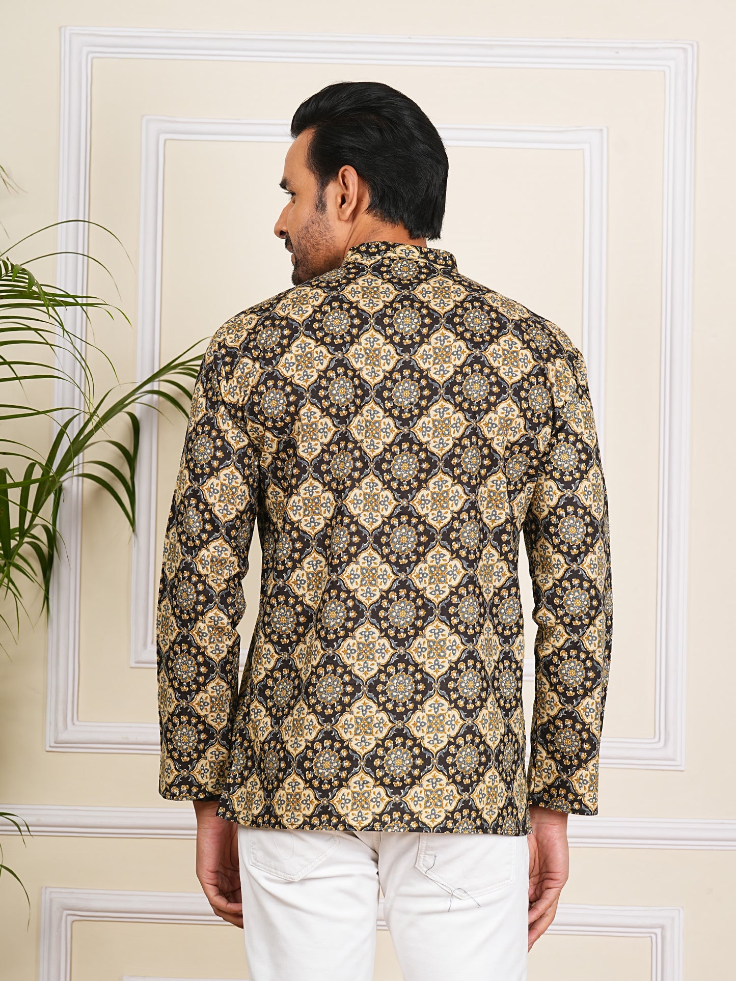 Black and Brown Ajrak Printed Short Kurta For Men