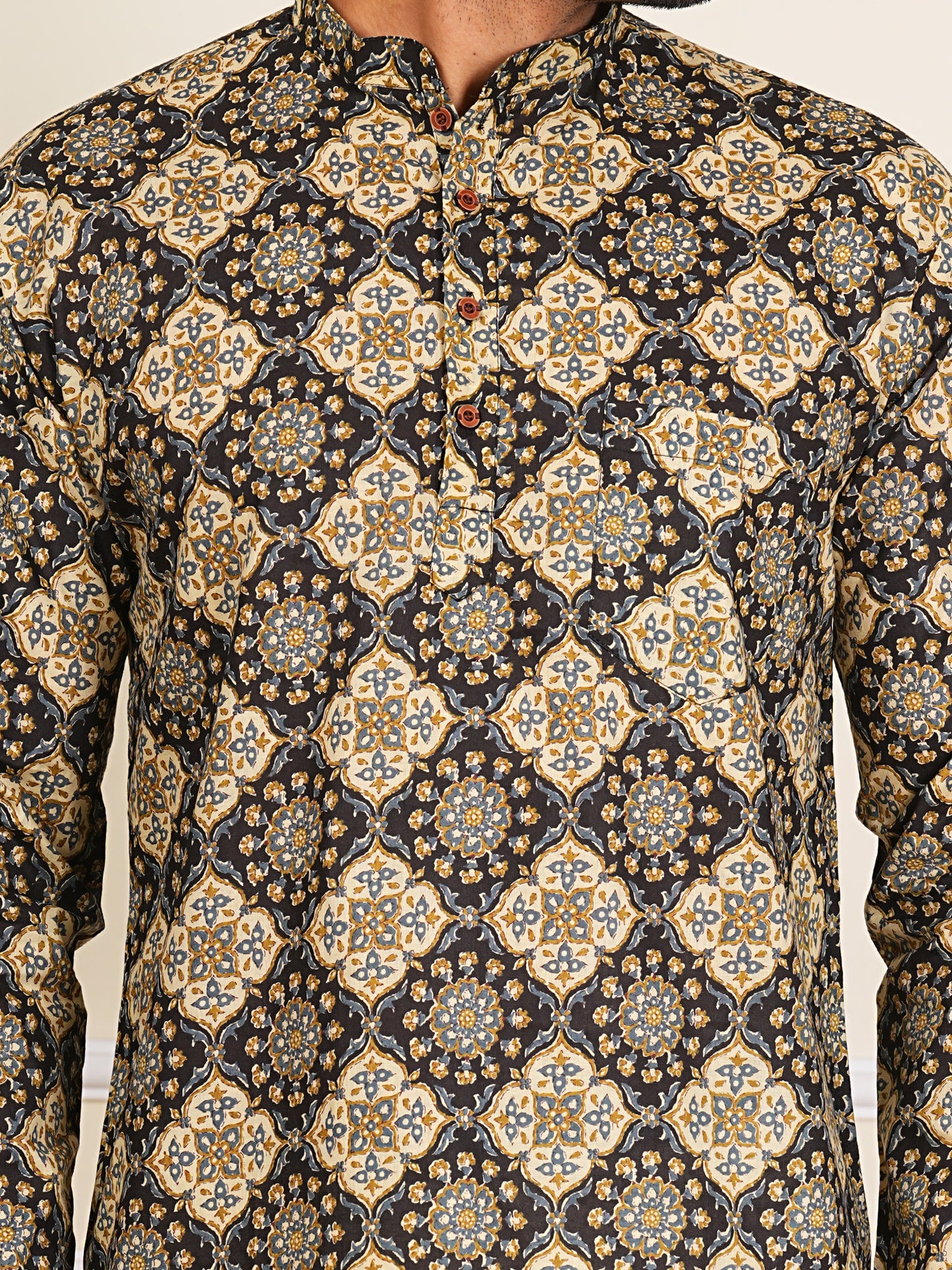 Black and Brown Ajrak Printed Short Kurta For Men