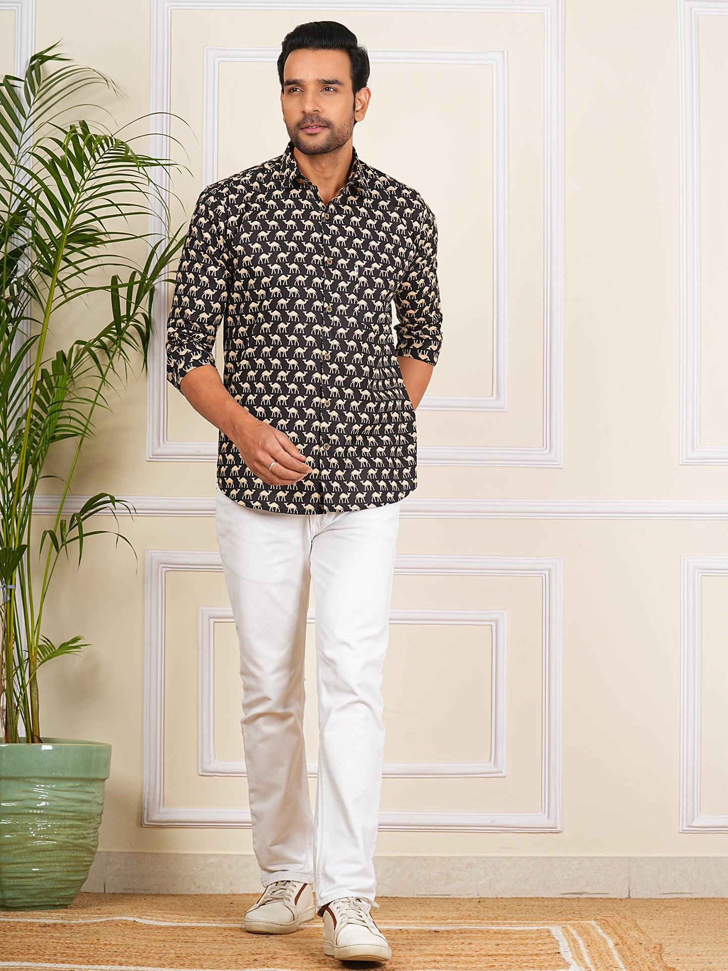 Black and white camel Printed Full Sleeves Shirt For Men