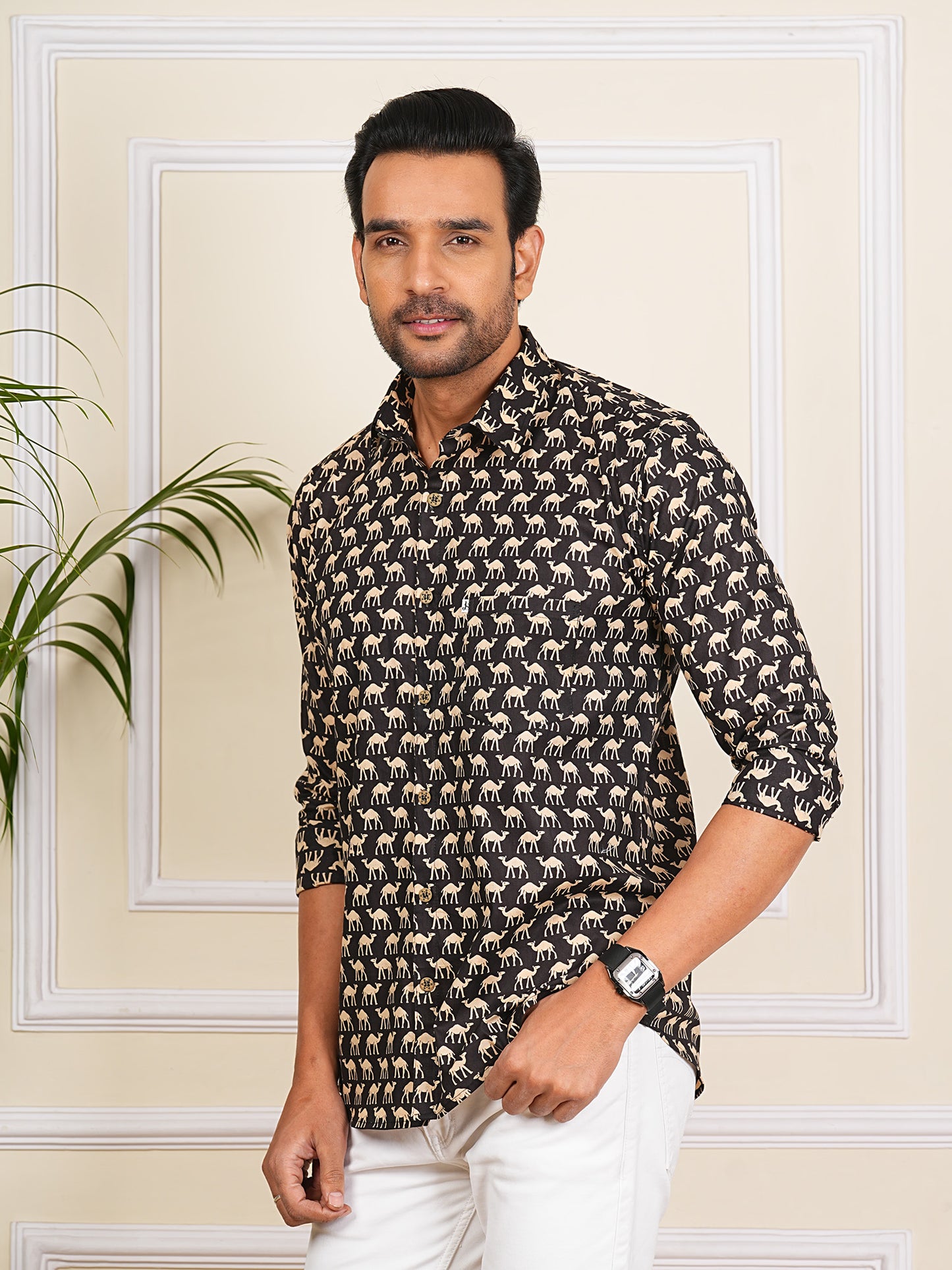 Black and white camel Printed Full Sleeves Shirt For Men