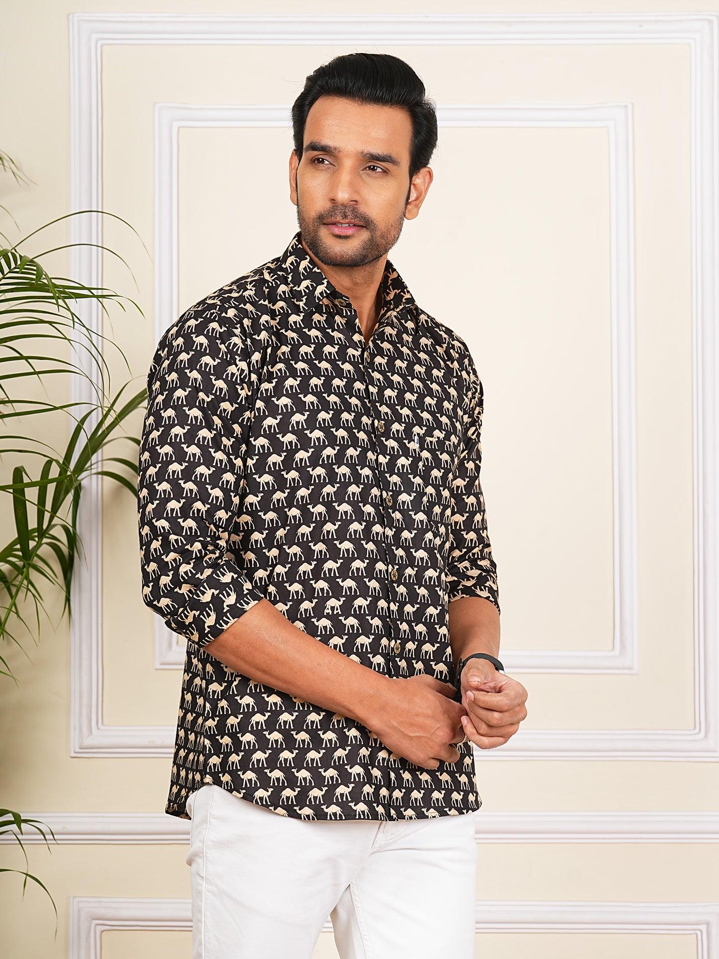 Black and white camel Printed Full Sleeves Shirt For Men
